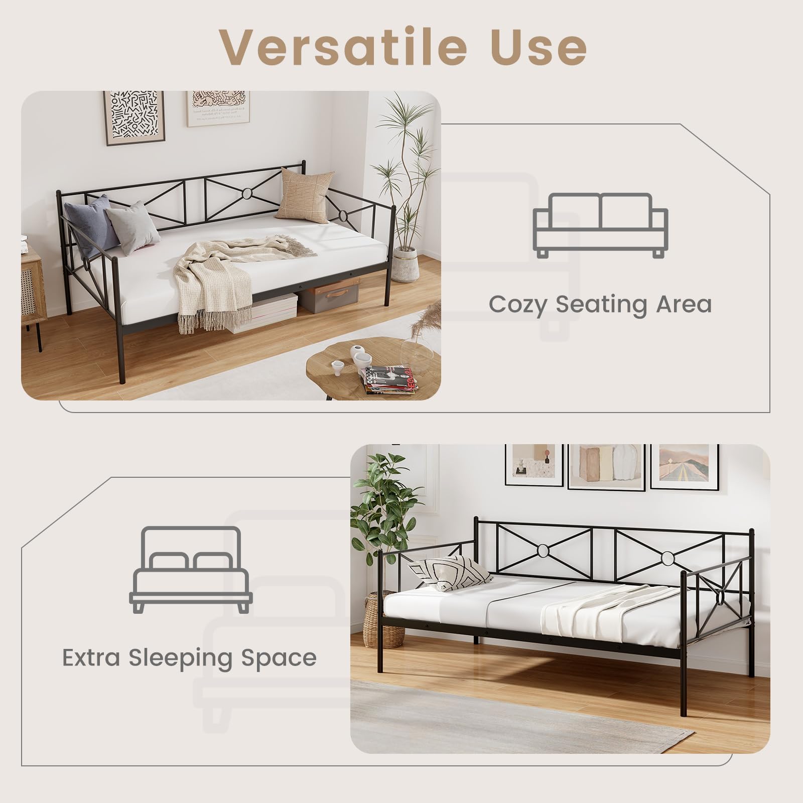 Twin Size Metal Daybed, Multifunctional Sofa Guest Bed with Headboard