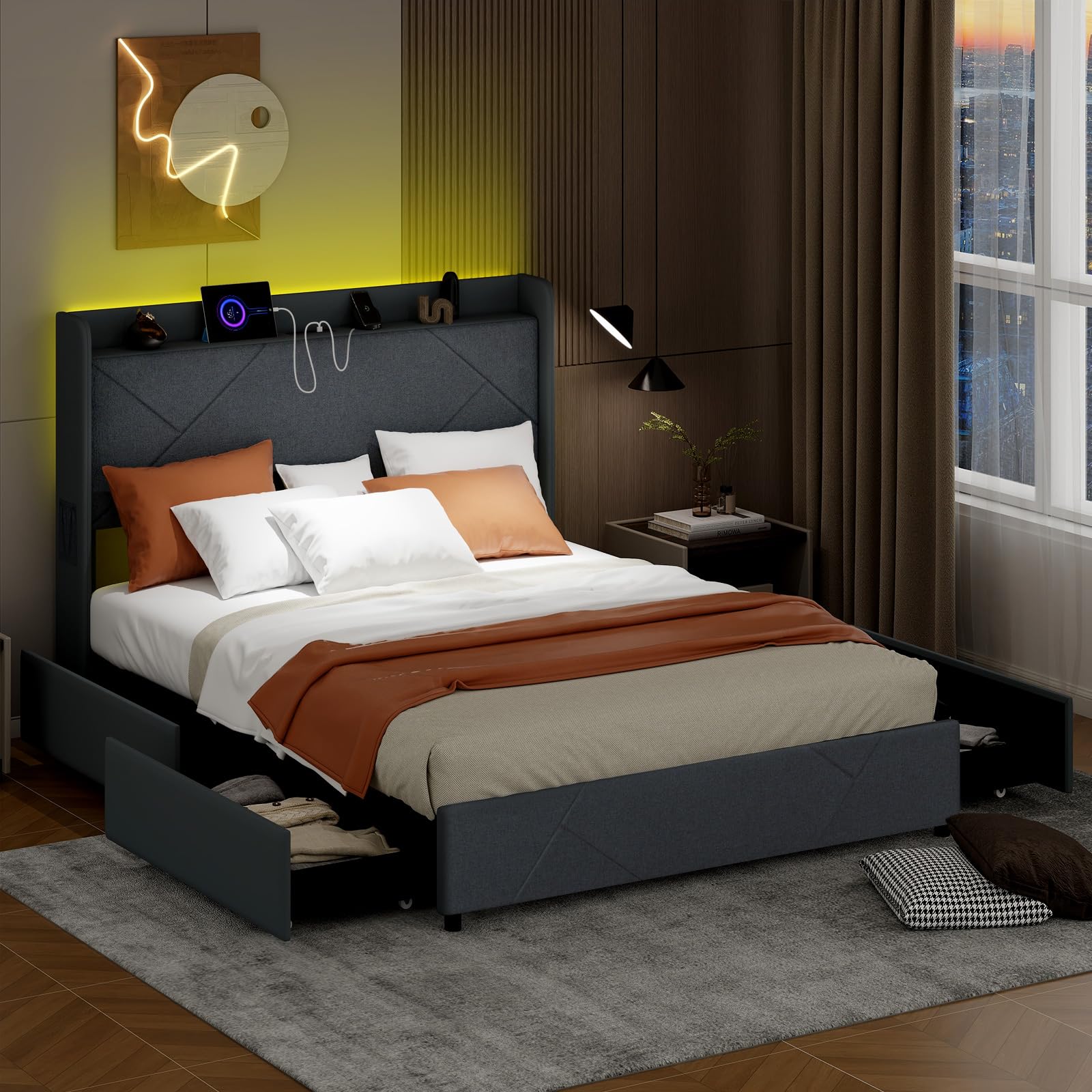 Upholstered Bed Frame with 4 Storage Drawers & LED Lights, Wingback Headboard & Charging Station