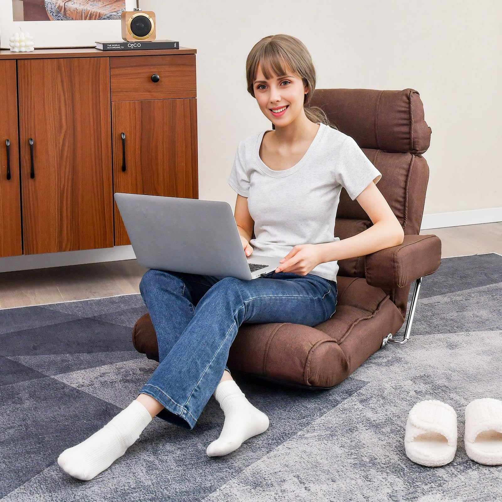 Adjustable Folding Floor Sofa Chair, Upholstered Indoor Chaise Lounge with 6-position