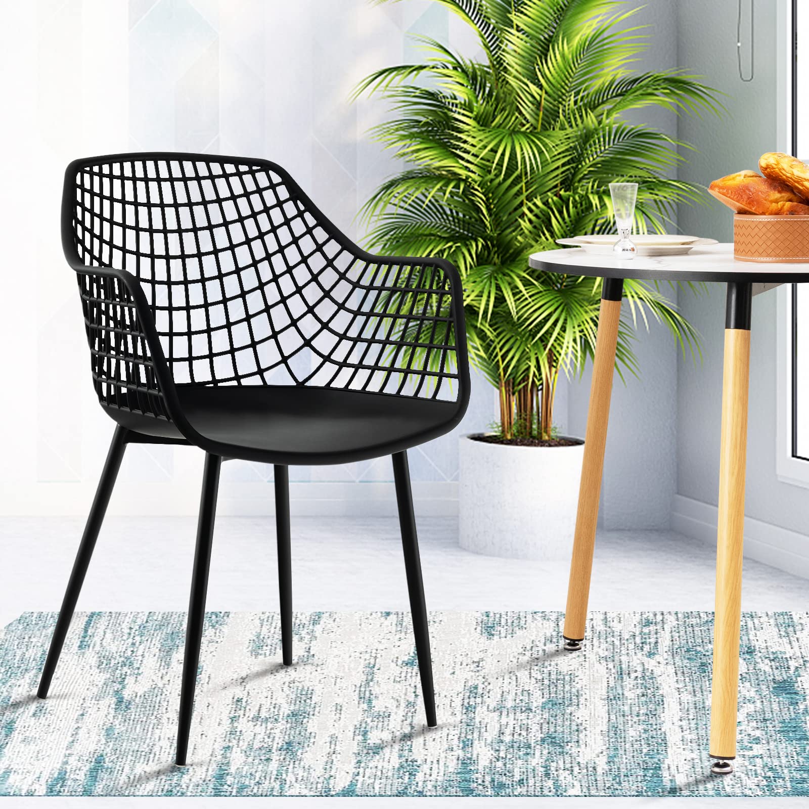 Modern Dining Chairs Set of 4 - Arm Chair with 15" High Backrest, Powder-Coated Metal Legs, Anti-Slip Foot Pads