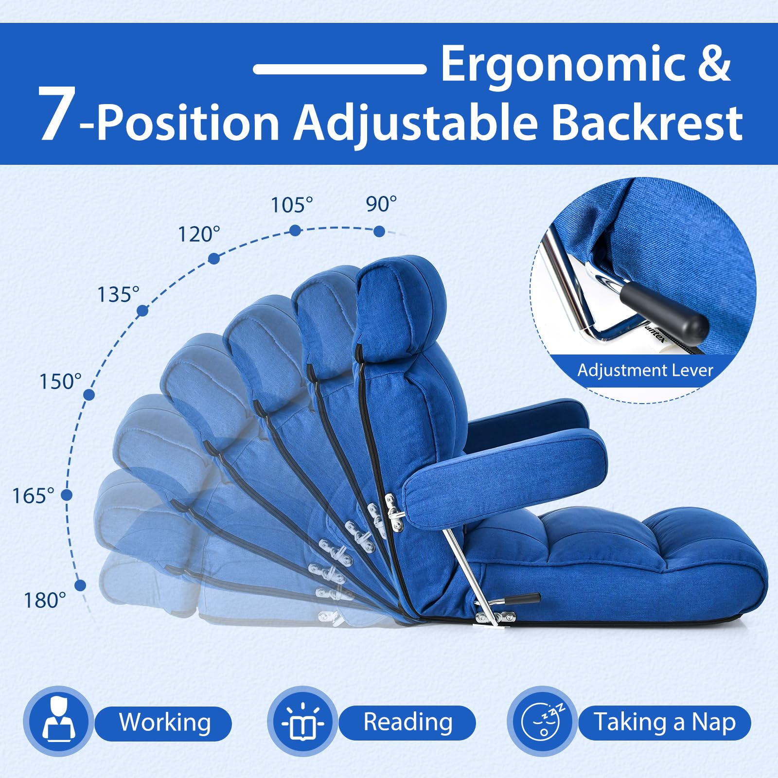 Adjustable Folding Floor Sofa Chair, Upholstered Indoor Chaise Lounge with 6-position