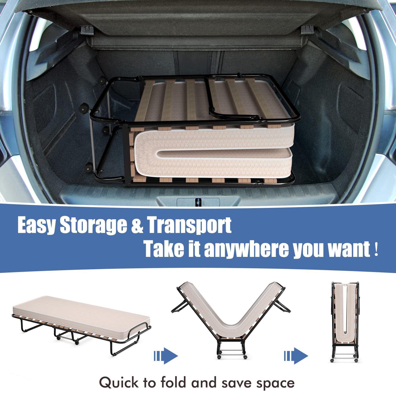 Portable Folding Rollaway Bed with Steel Frame & Memory Foam Mattress