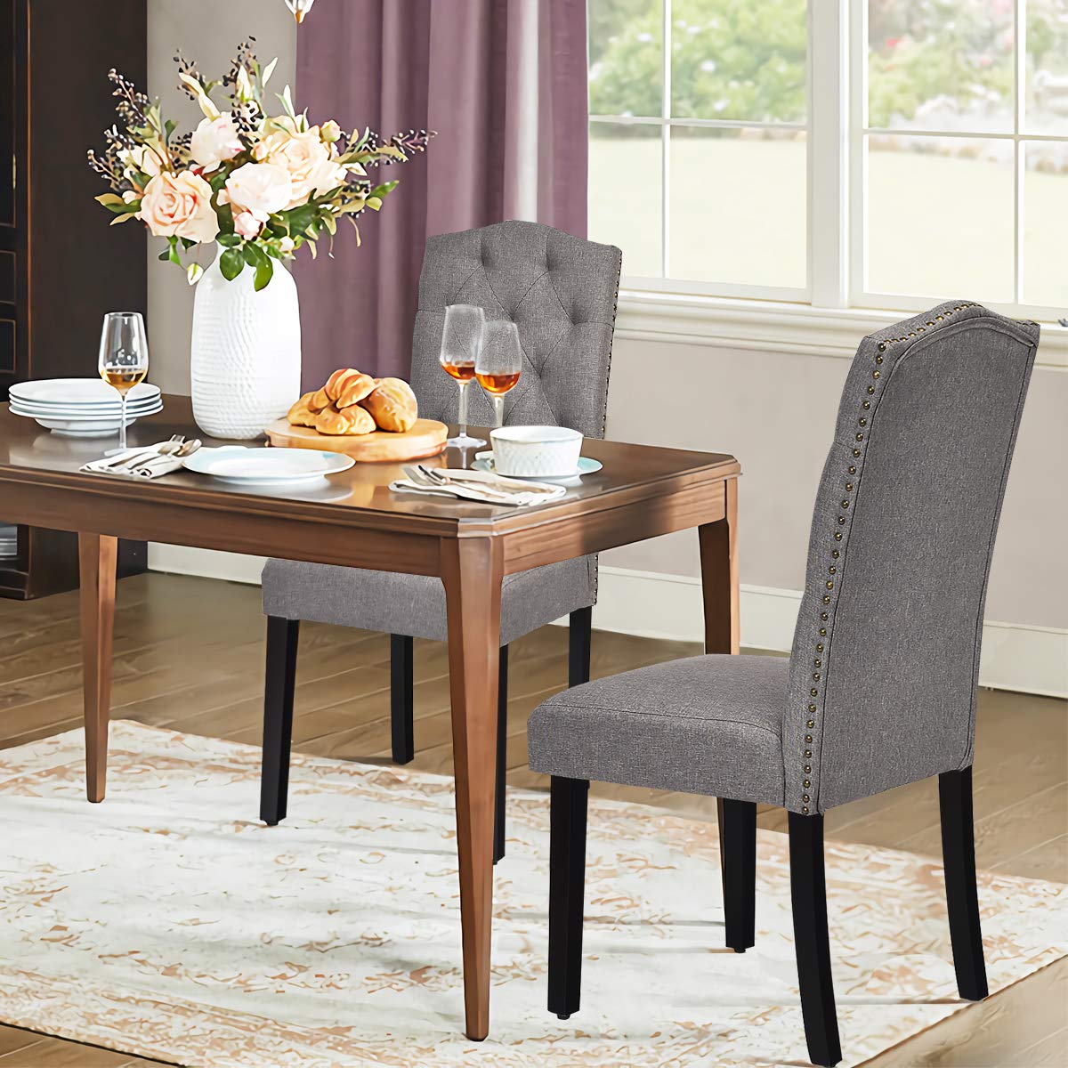 Set of 2/4 Tufted Fabric Dining Chairs with Padded Seat and Tall Backrest