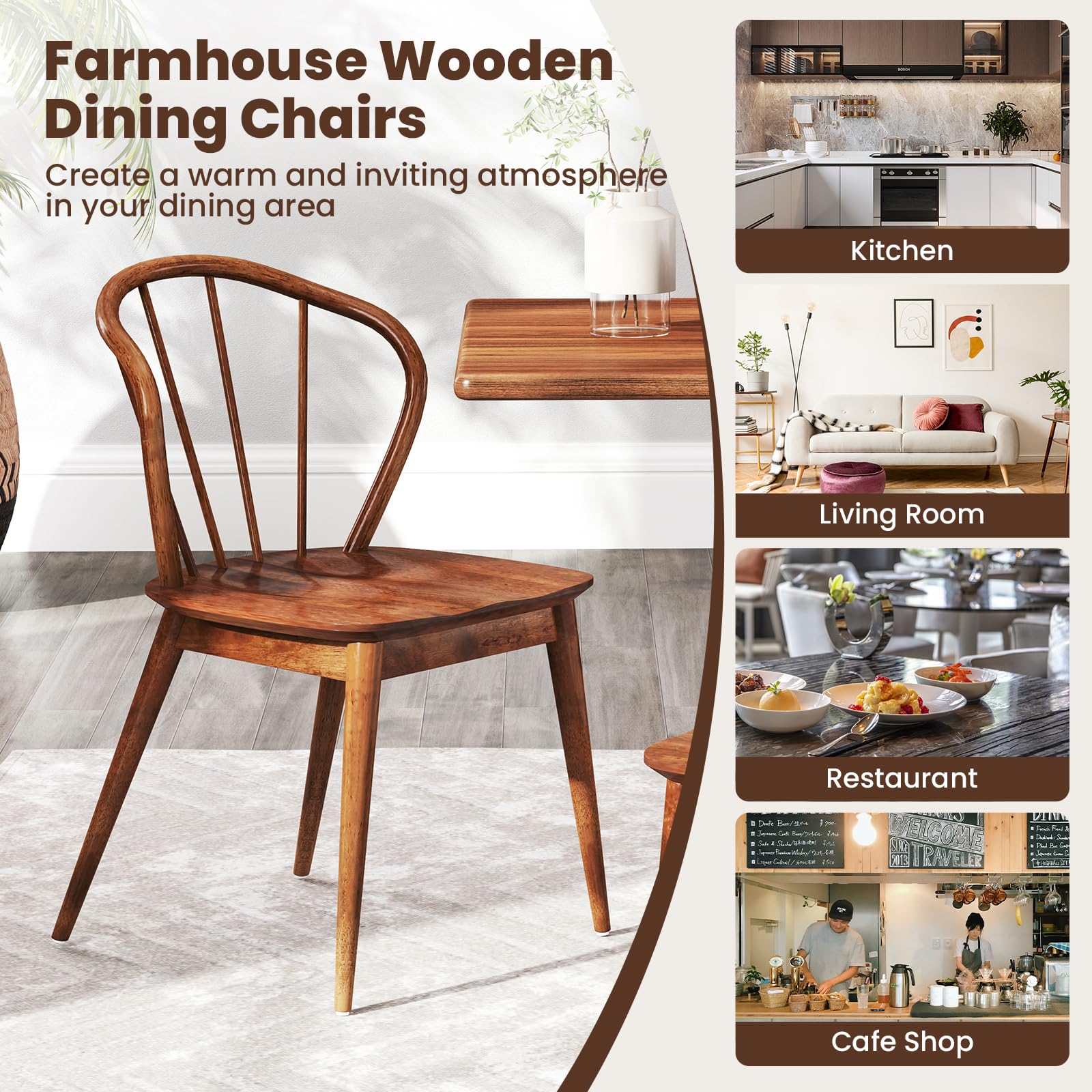 Wooden Dining Chairs Set of 2/4, Windsor Kitchen Chairs w/High Spindle Back & Rubber Wood Legs, Wide Seat & Curved Backrest