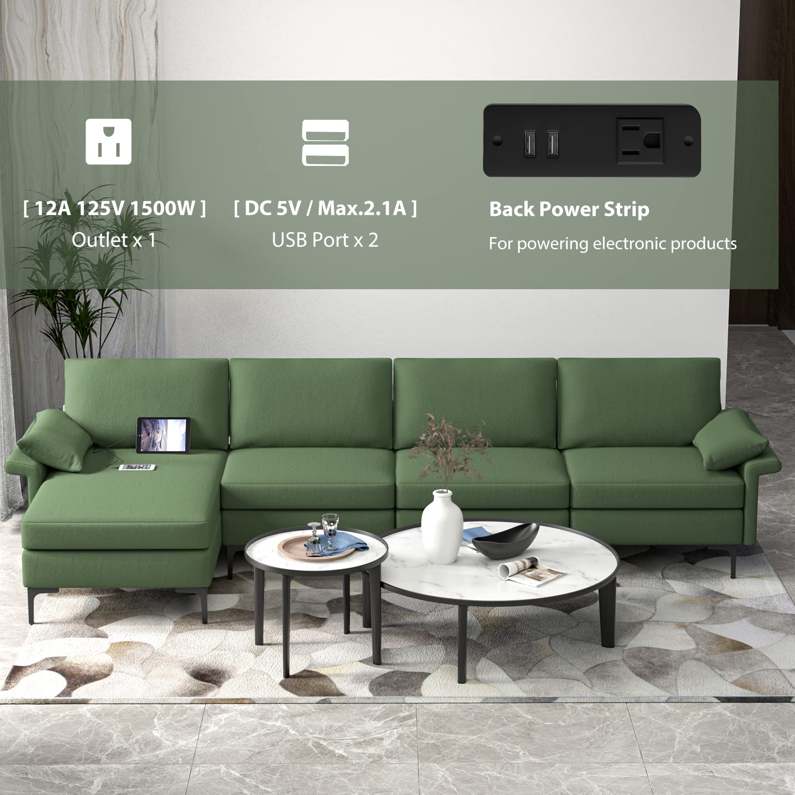 130.5 Inch Extra Large Convertible Sectional Sofa with Reversible Chaise Lounge, 3-Hole Outlets & 4 USB Ports