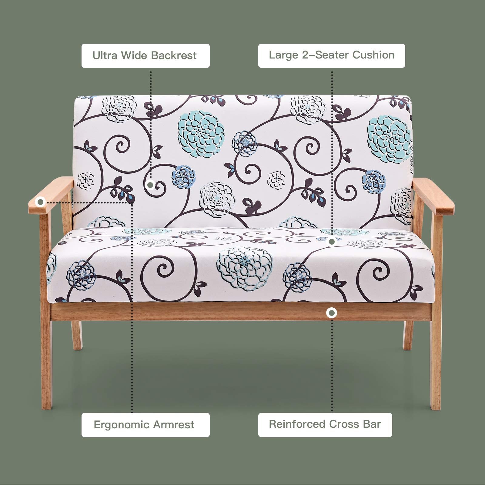 2-Seat Mid-Century Upholstered Wooden Loveseat w/Rubber Wood