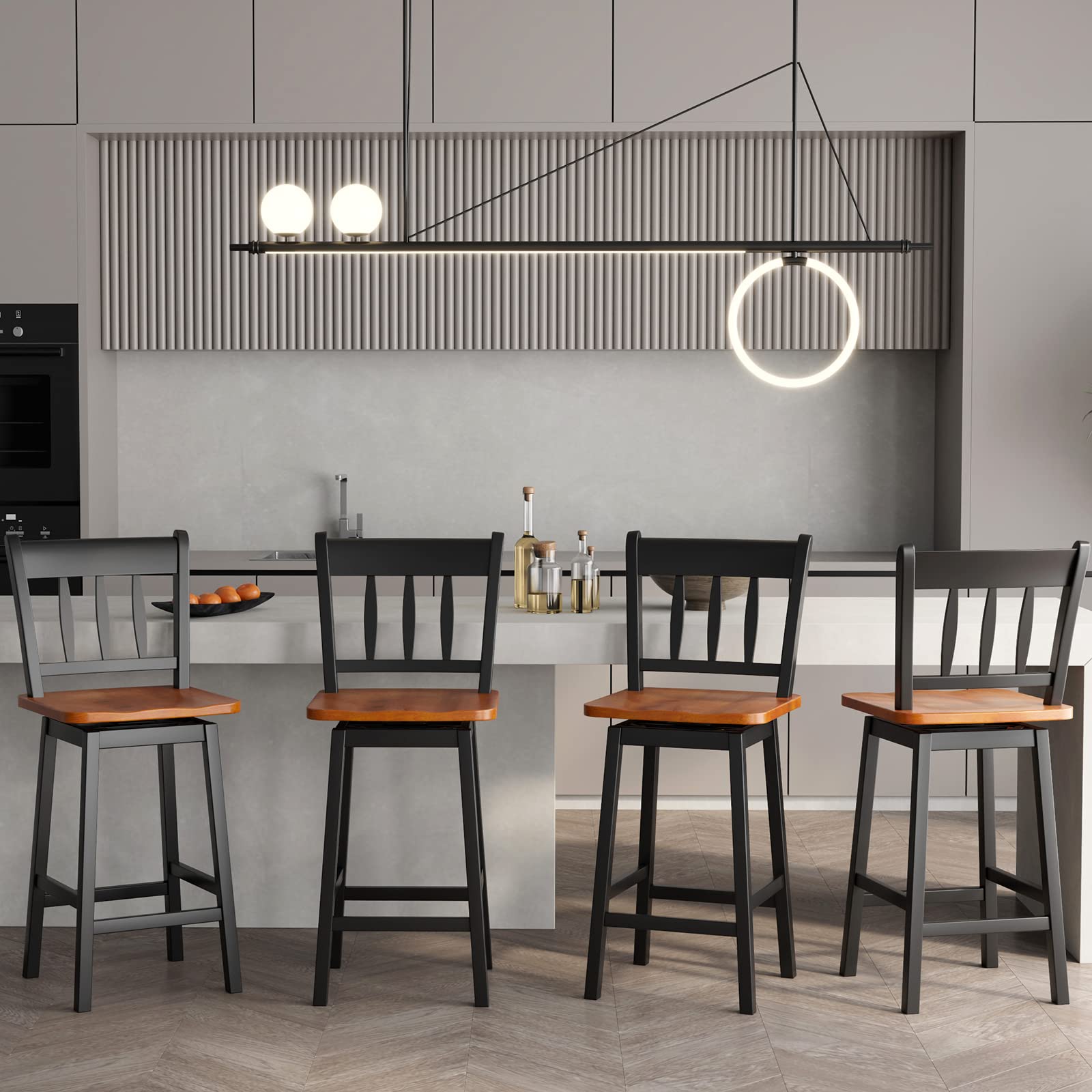 24.5 Inch Solid Rubber Wood Bar Stools Set of 2/4 with 360 &deg;Swiveling, Footrest