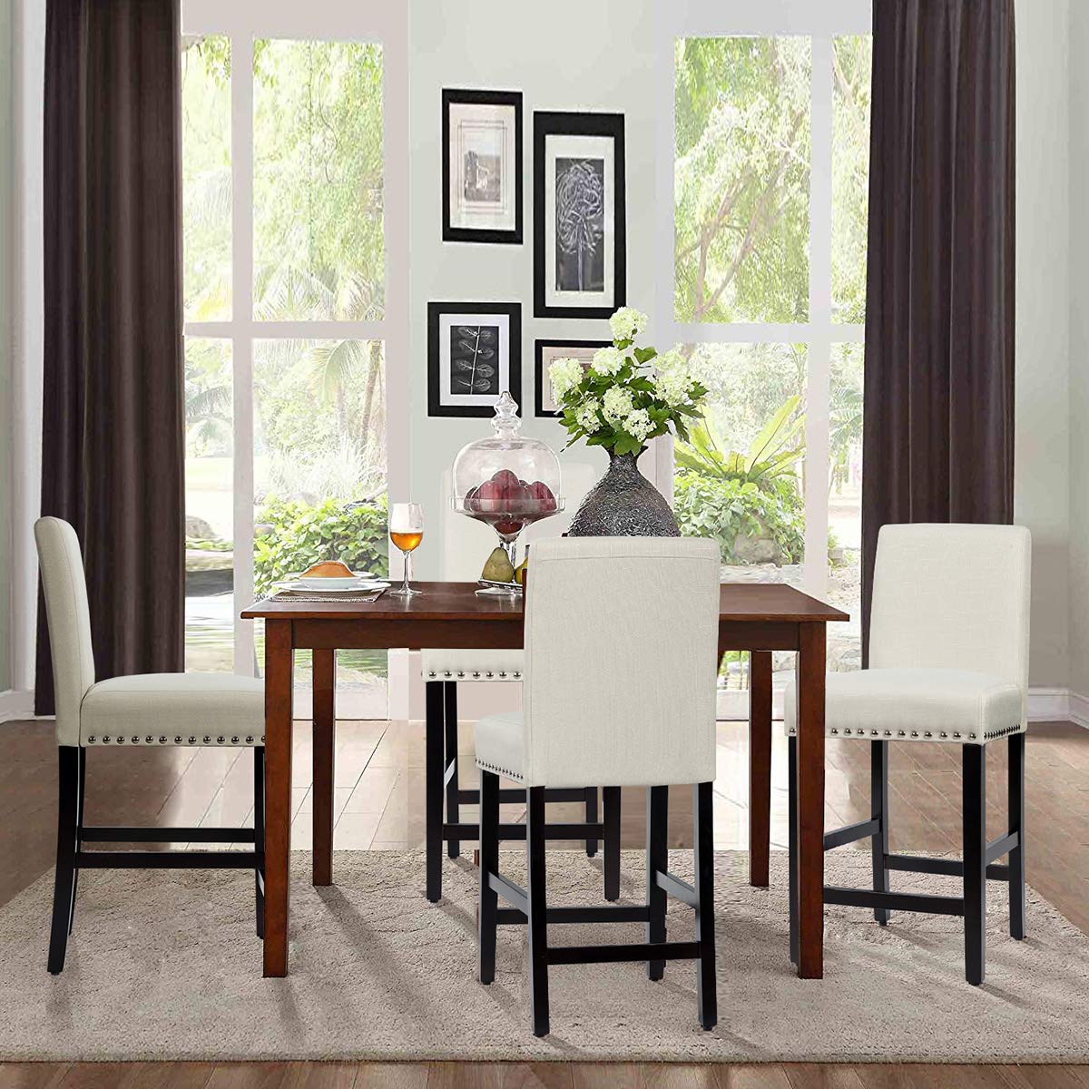 Bar Stools Set of 2/4, 25'' Counter Height Upholstered Bar Chairs w/ Rubber Wood Legs, Breathable Linen Fabric, Padded Seat & Backrest