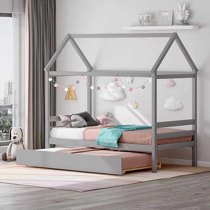 Twin Size Wood House Bed with Trundle and Roof
