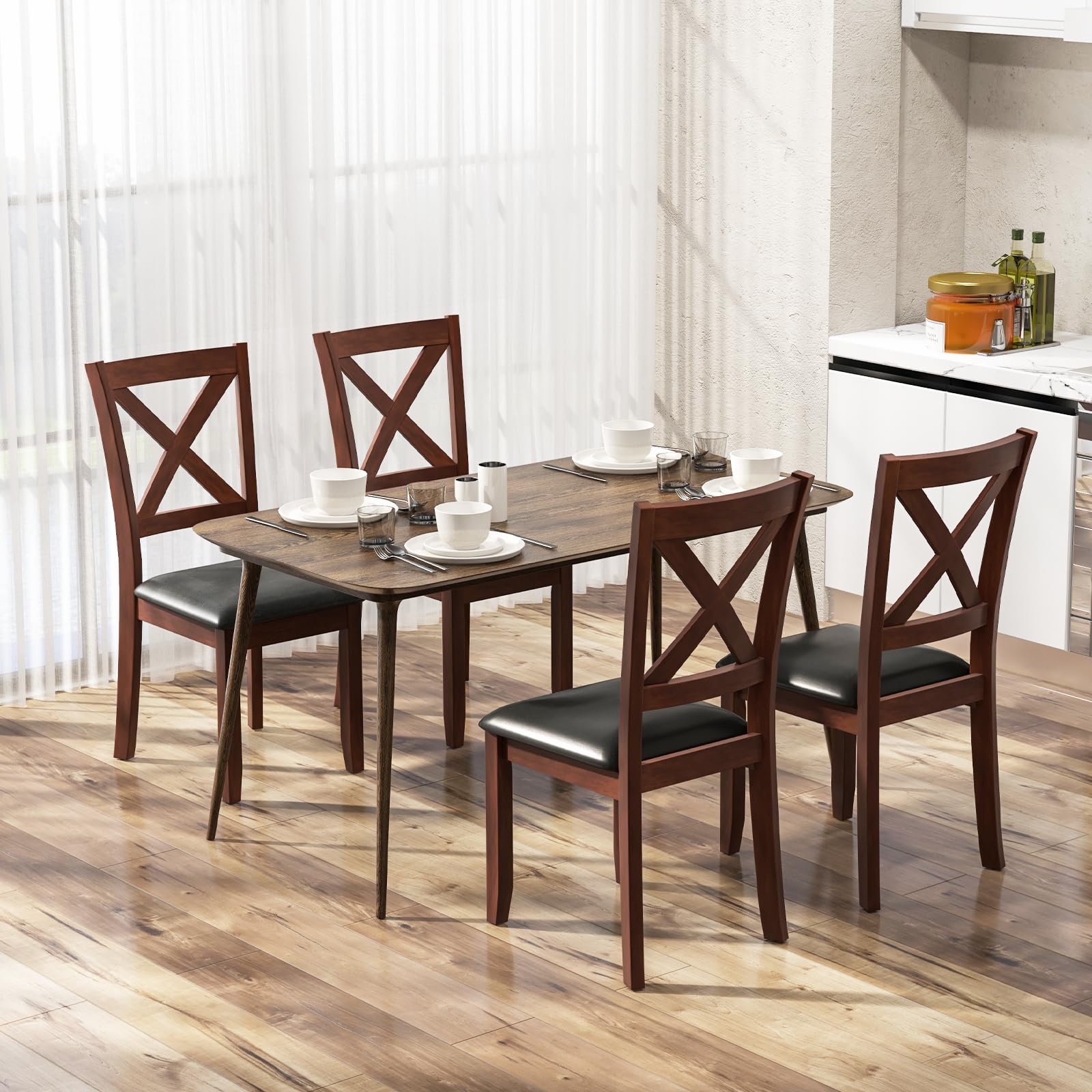 Wood Dining Chairs Set of 2/4, Faux Leather Upholstered Dining Chairs with Rubber Wood Legs