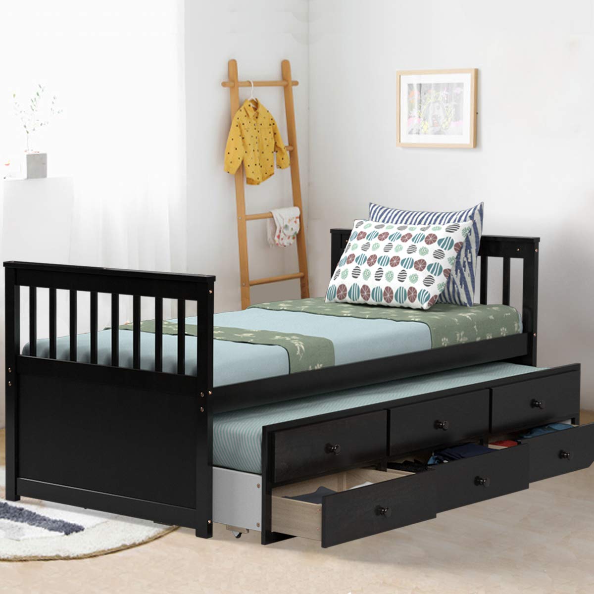 Twin Captain&rsquo;s Bed with Trundle Bed, Wood Storage Daybed with 3 Storage Drawers