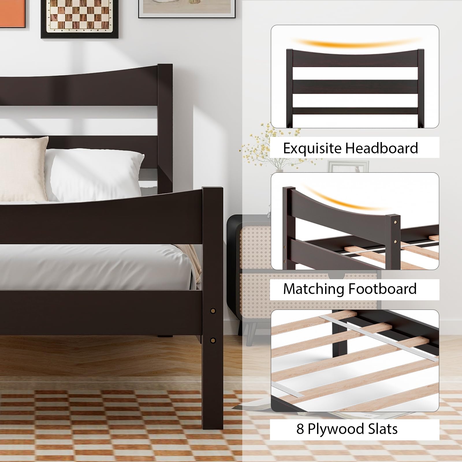 Twin Size Wood Bed Frame, Rustic Style Platform Bed w/Headboard & Footboard