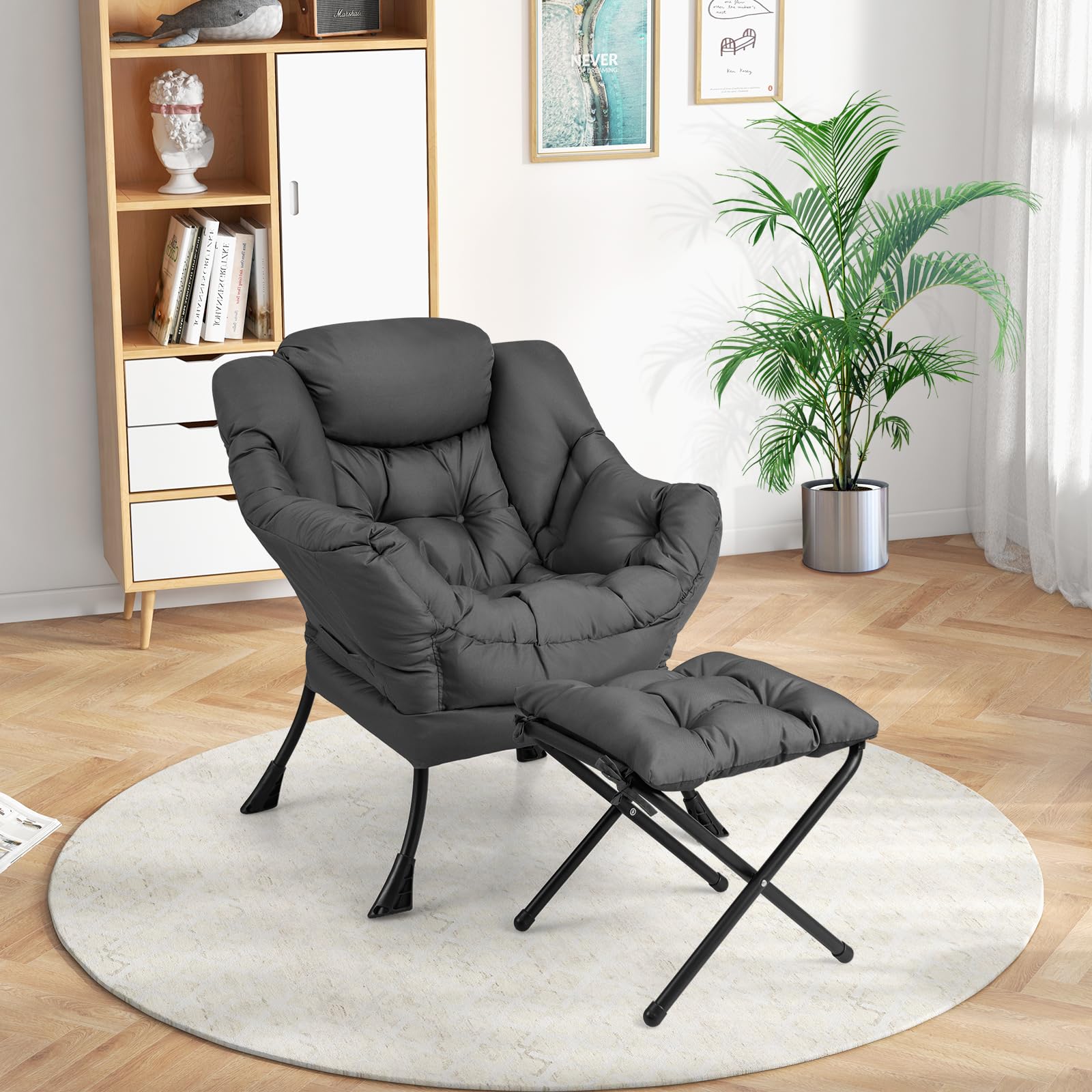 Lazy Sofa Chair with Ottoman, Upholstered Leisure Lounge Armchair with Folding Footrest, Side Storage Pocket