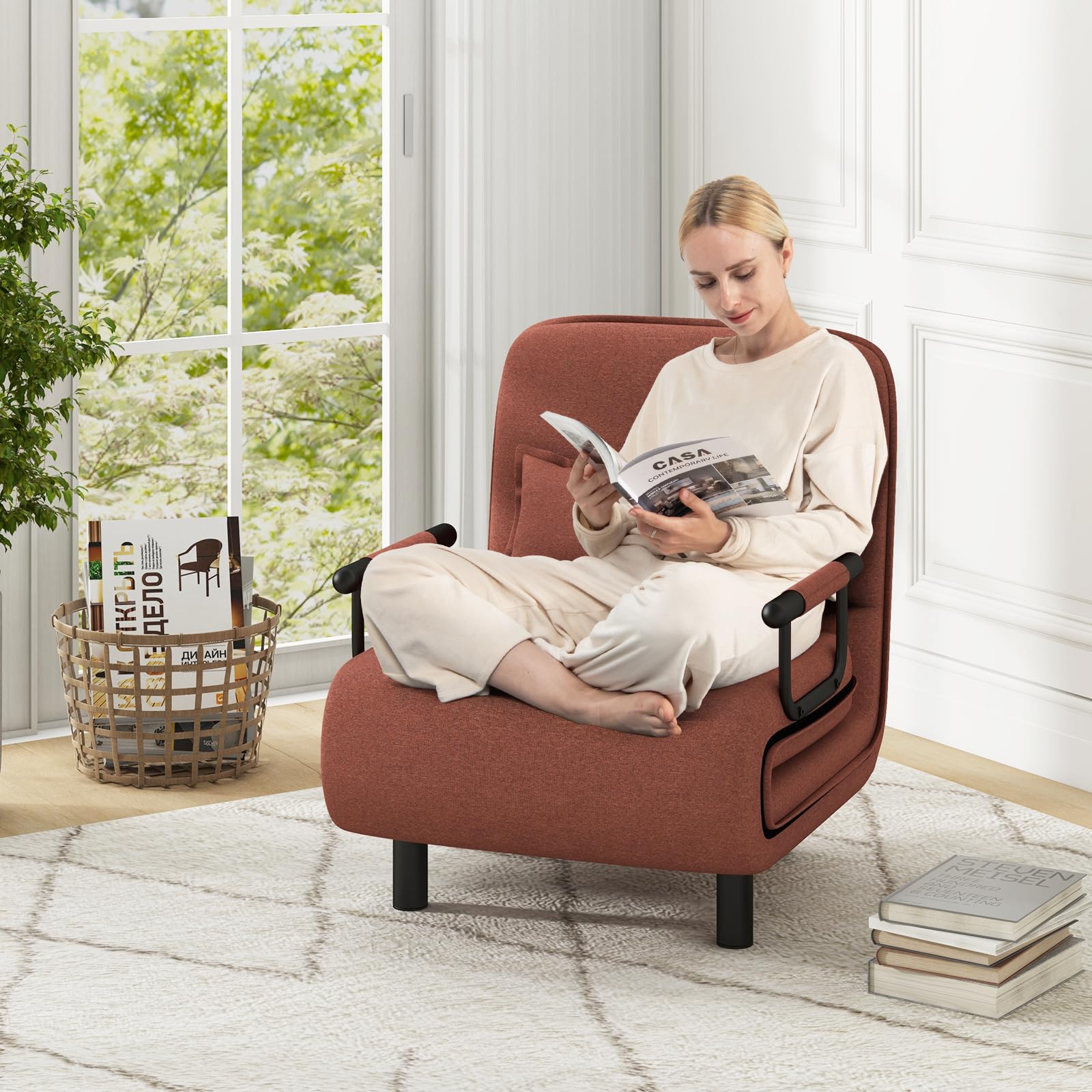 Convertible Chair Bed with 5-Position Adjustable Backrest & Lumbar Pillow, 2 Hidden Metal Legs & 2 Lockable Casters