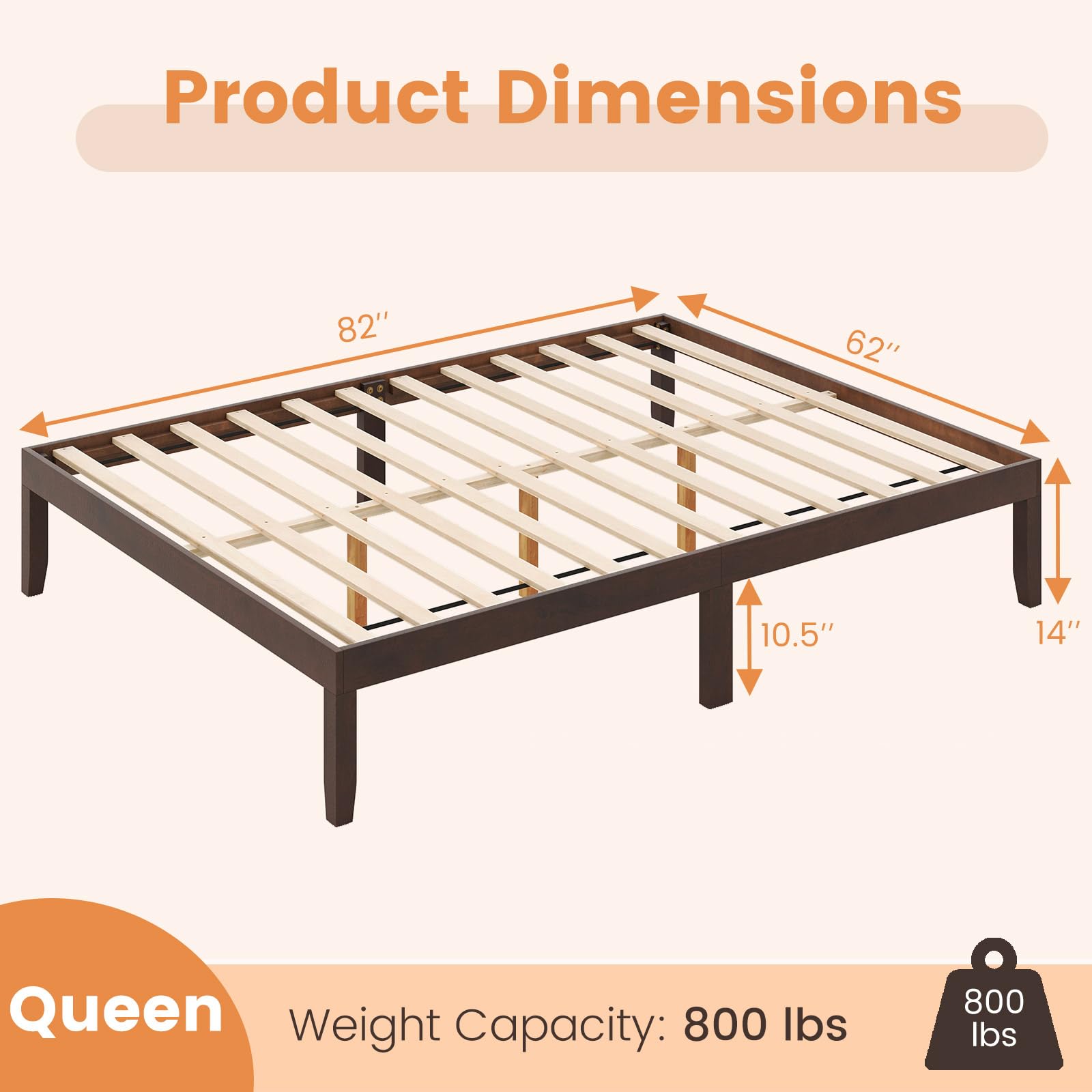 Wood Platform Bed Frame, 14 Inches Wooden Mattress Foundation with Solid Rubber Wood Legs