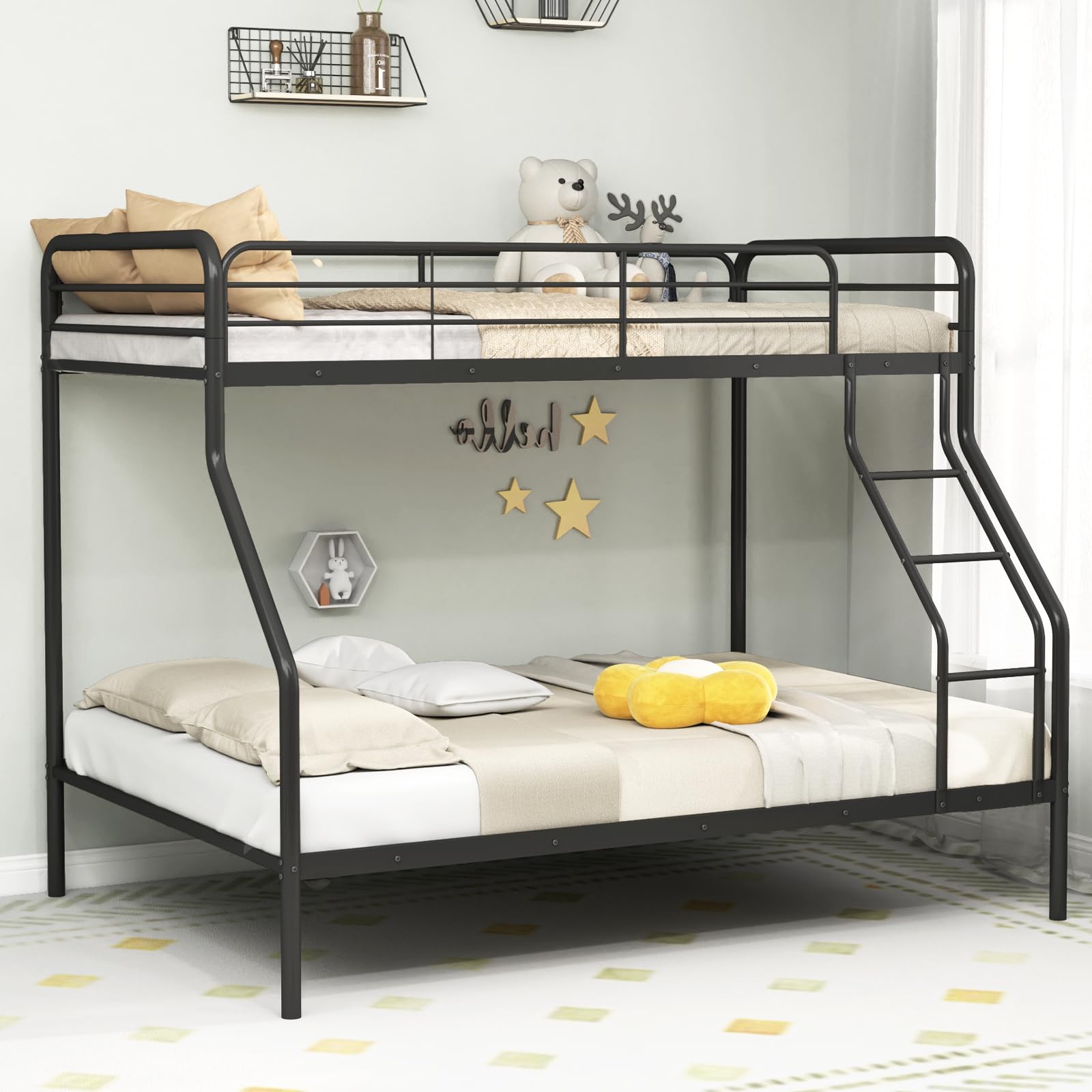 Twin Over Full Metal Bunk Bed with Inclined Ladder, Safety Guardrail