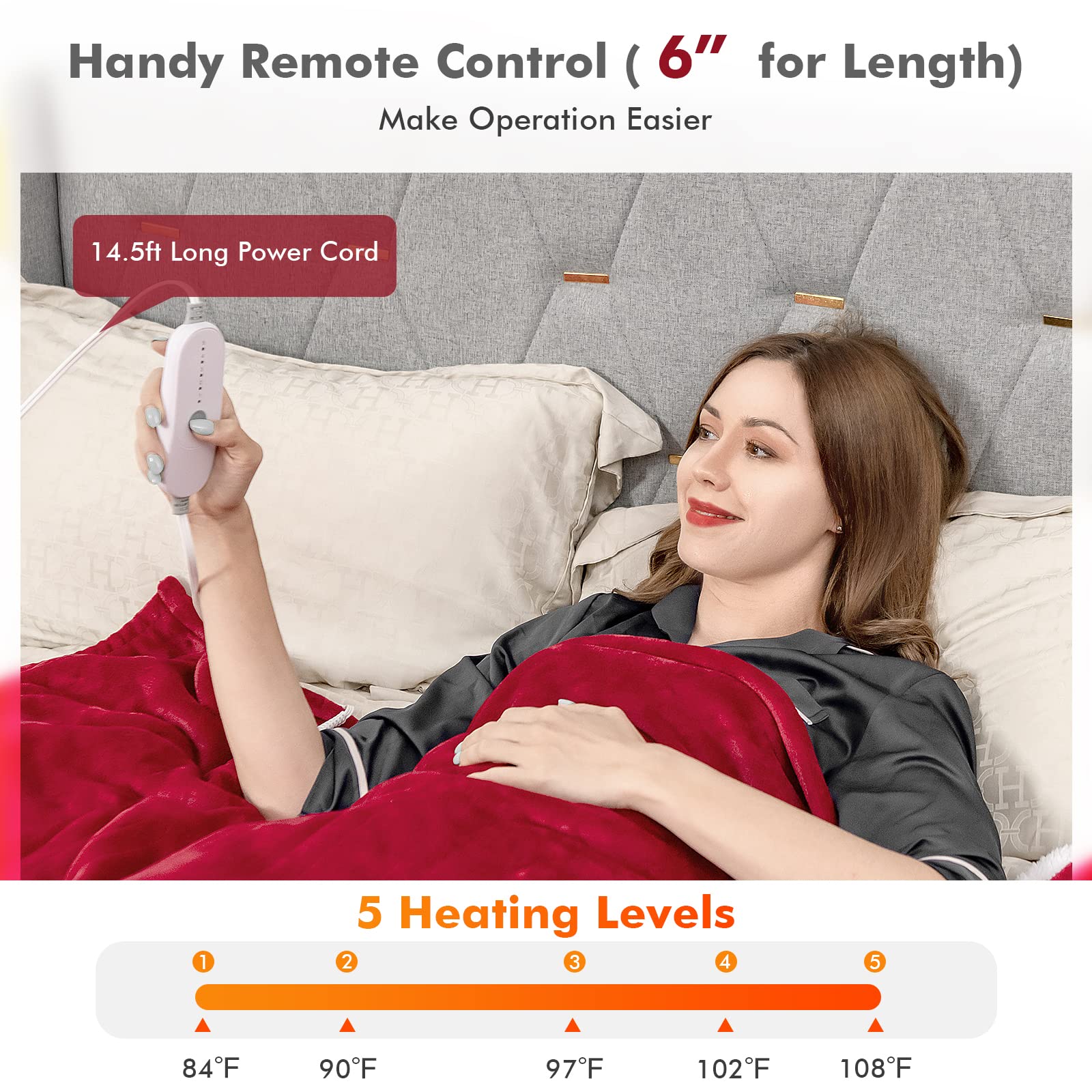 84&rdquo; x 62&rdquo; Electric Heated Throw Blanket w/ 5 Heating Levels 10 Hours Auto-Off Overheat Protection