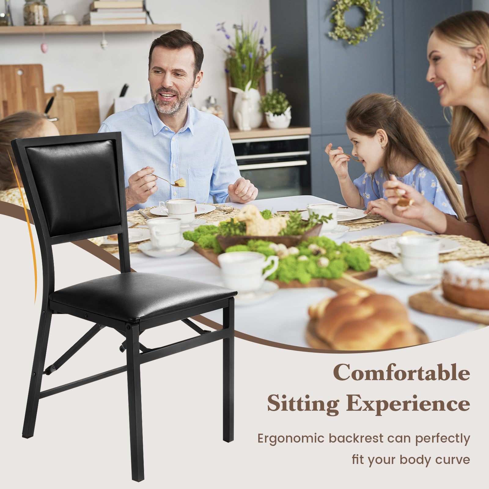 Folding Dining Chairs Set of 2/4 with Padded Seats, Sturdy Metal Frame