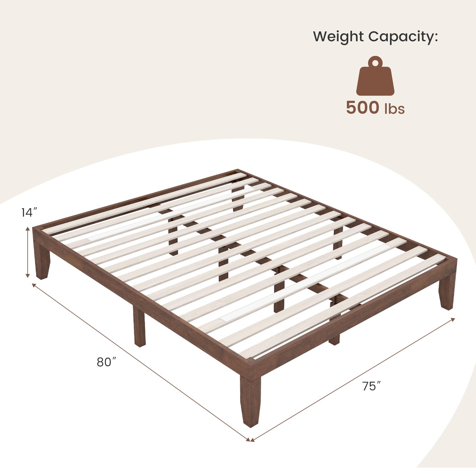 14 Inches Wood Platform Bed Frame, Solid Wood Mattress Foundation with Rubber Wood Frame