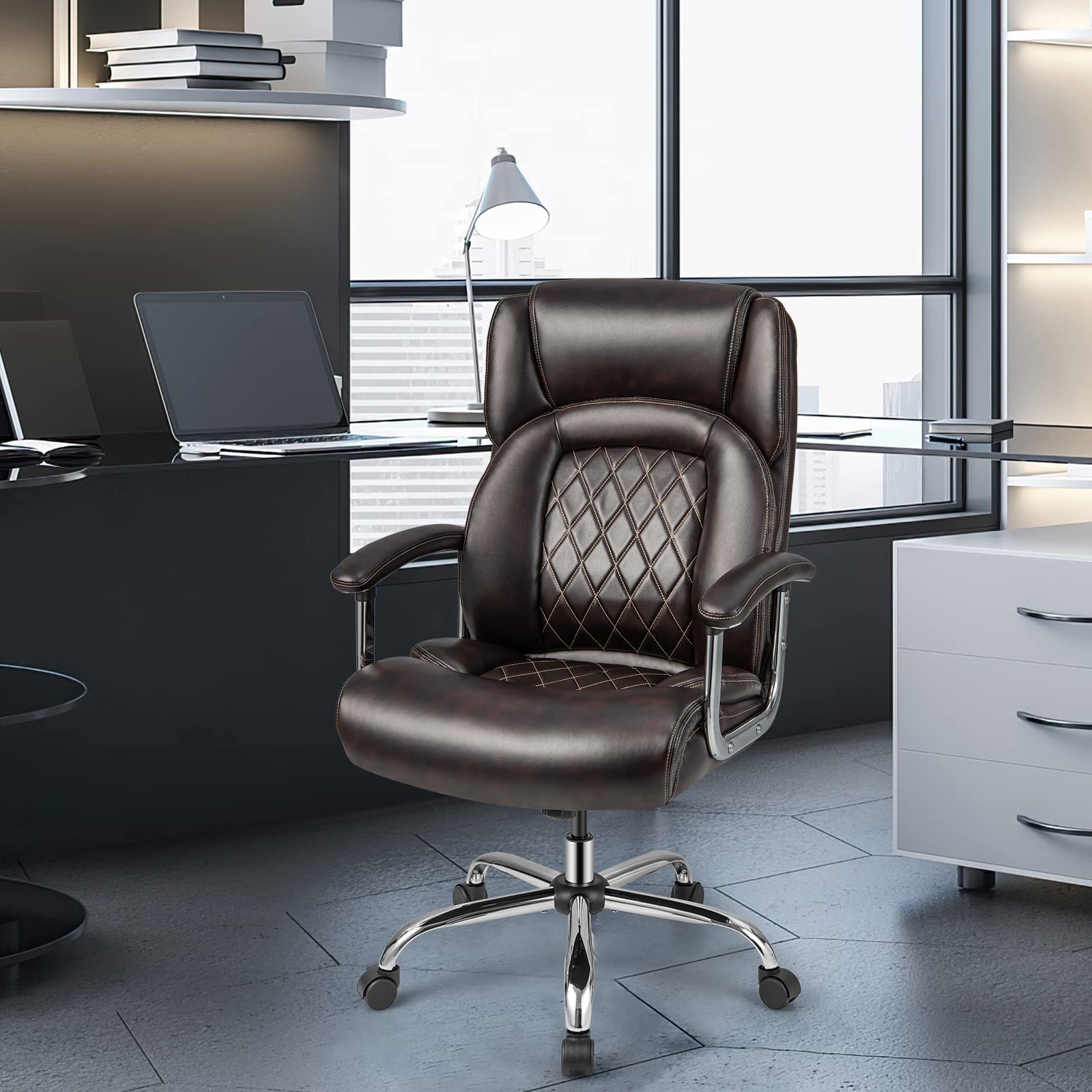 500LBS Big and Tall Office Chair, Wide Seat Large Leather Executive Chair w/Heavy Duty Metal Base