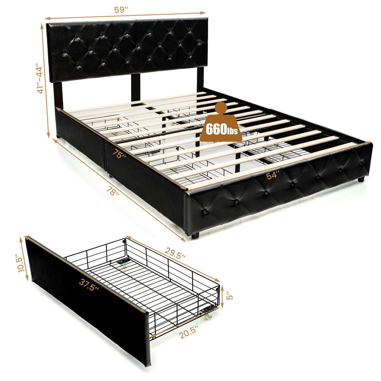 Upholstered PU Leather Platform Bed Frame with 4 Storage Drawers