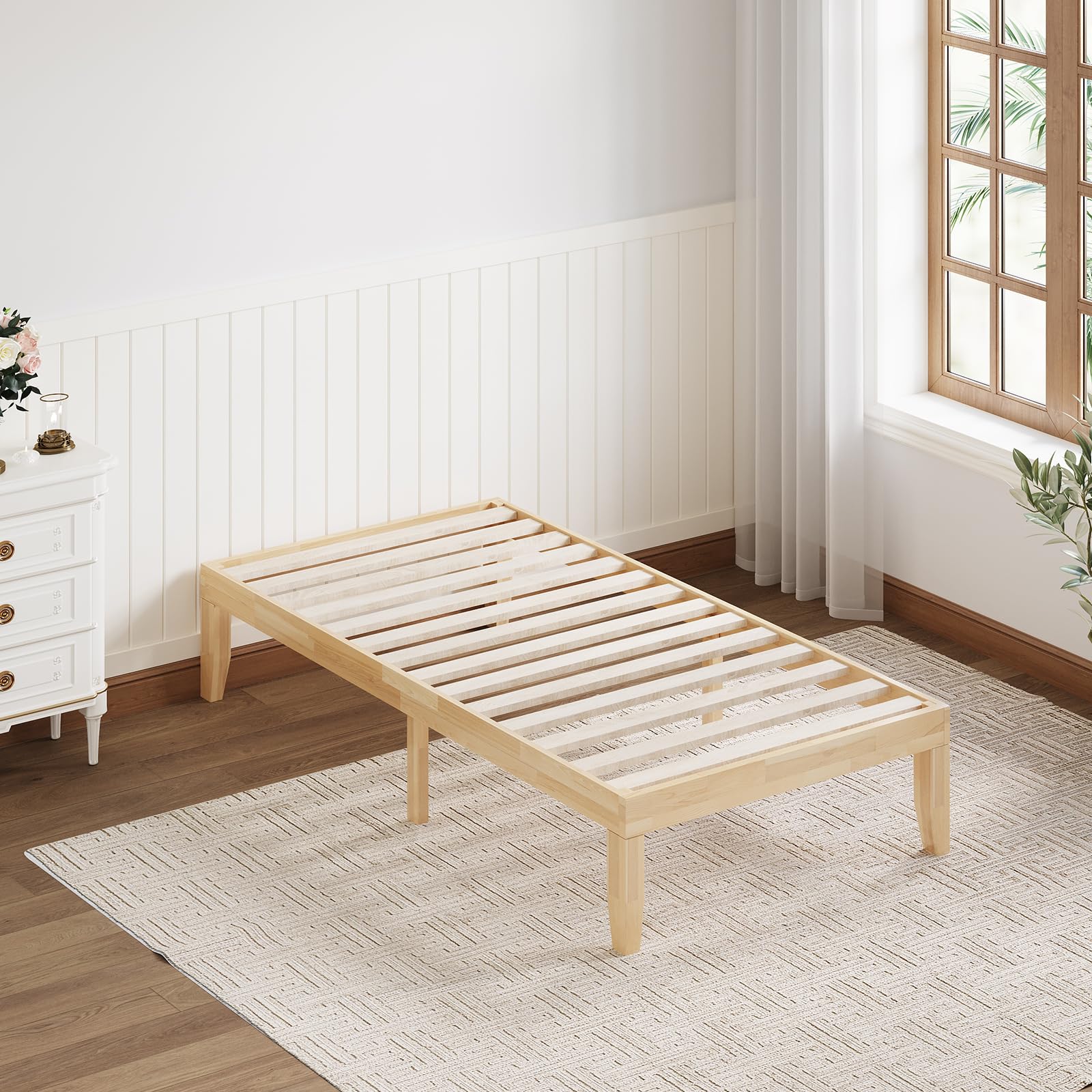14 Inches Wood Platform Bed Frame, Solid Wood Mattress Foundation with Rubber Wood Frame