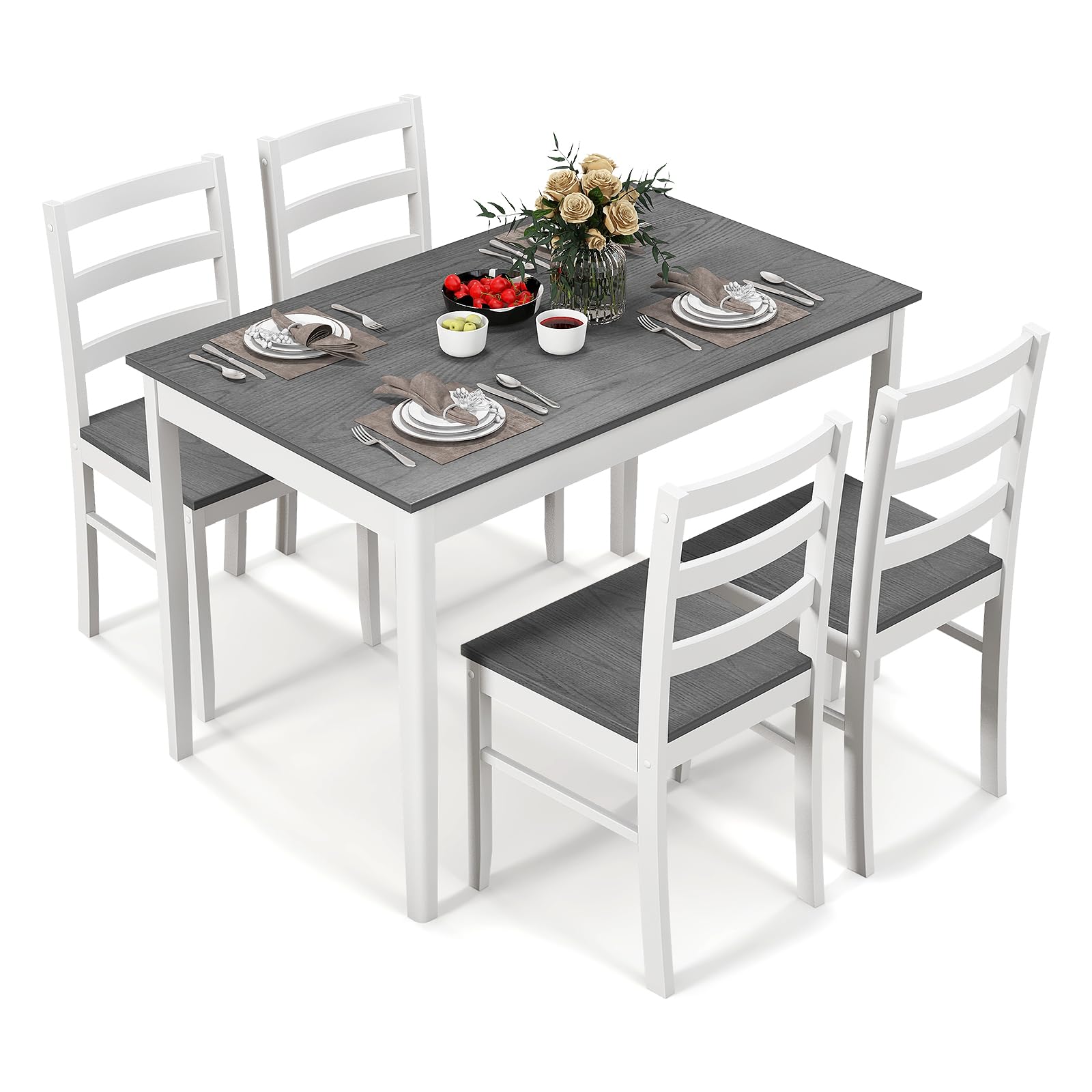 Dining Table Set for 4, Farmhouse Solid Wood Dining Set w/Rubber Wood Legs