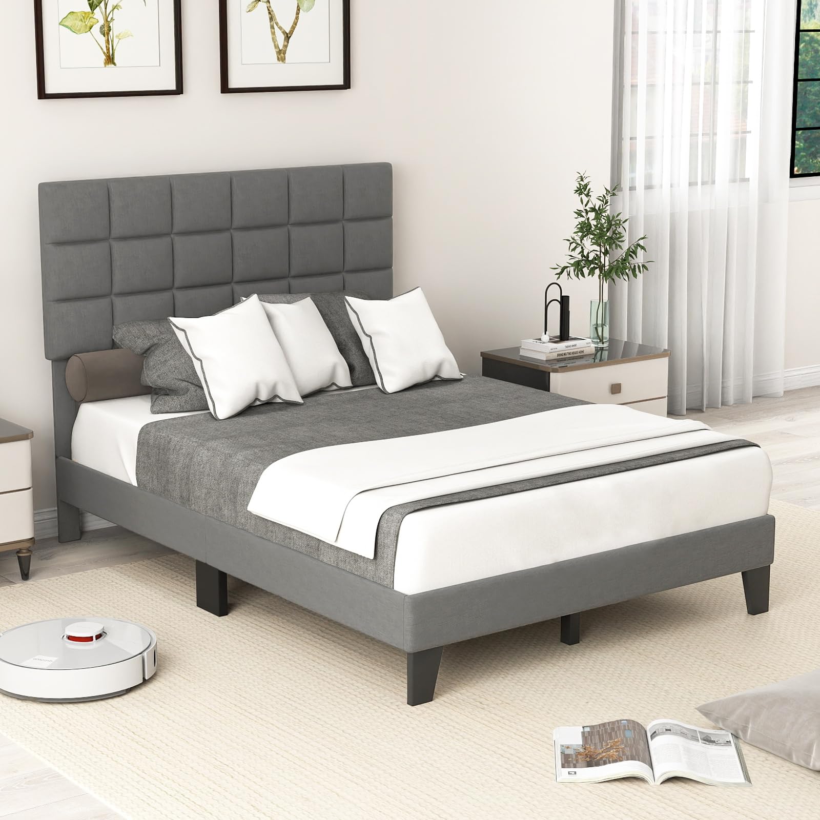 Linen Fabric Upholstered Bed Frame with Adjustable Headboard & Wooden Slat Support