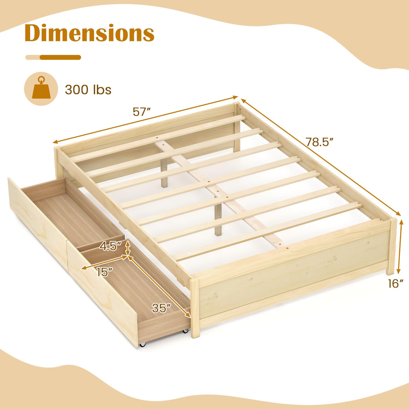 Bed Frame with 2 Storage Drawers, Solid Wood Platform Bed with Slats Support