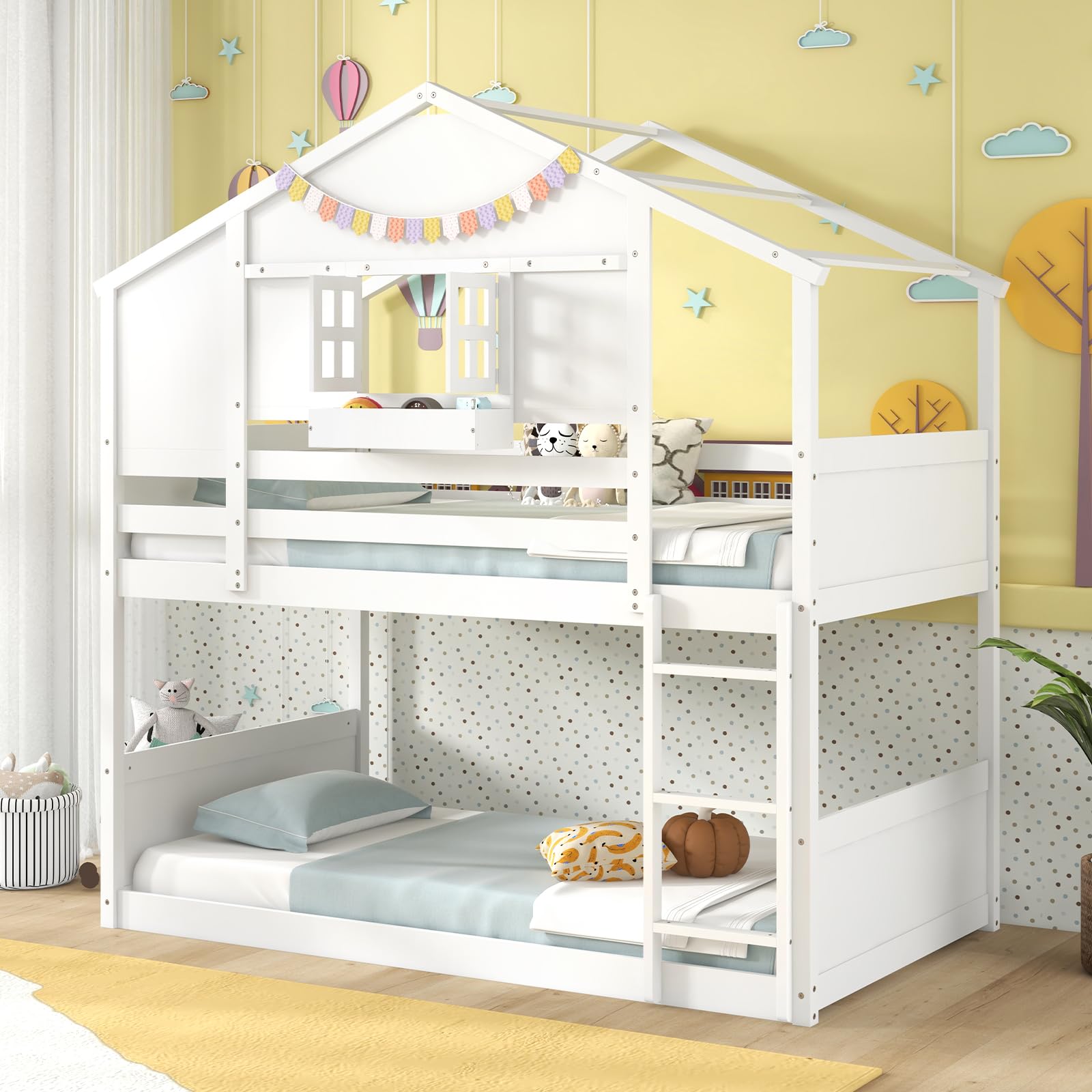 Twin Over Twin Wood House Bunk Bed for Kids with Roof, Window Door, Storage Box, Safety Guardrails, Wood Slats & Ladder