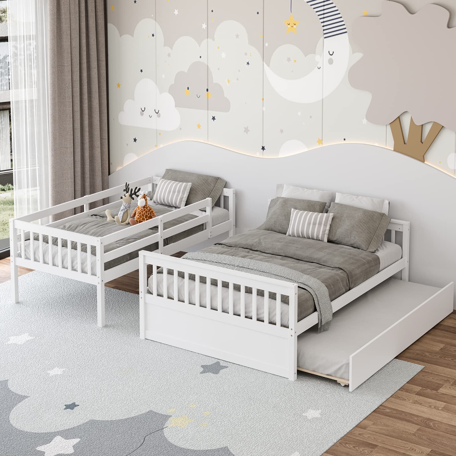 Wood Twin Over Full Bunk Bed with Solid Pine Wood Frame