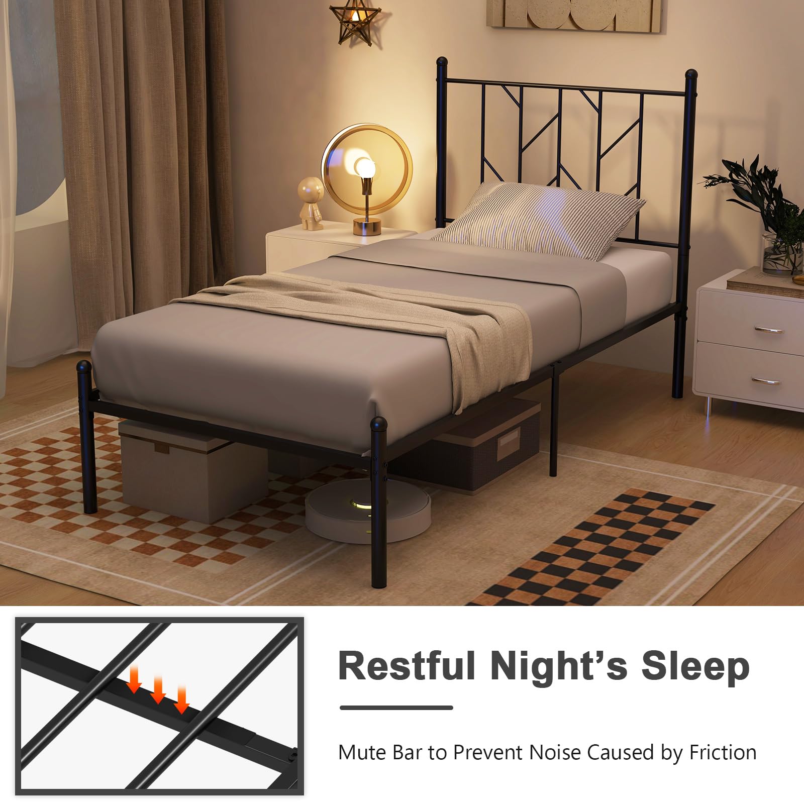 Metal Bed Frame with Victorian Style Headboard, 14 Metal Slats Support