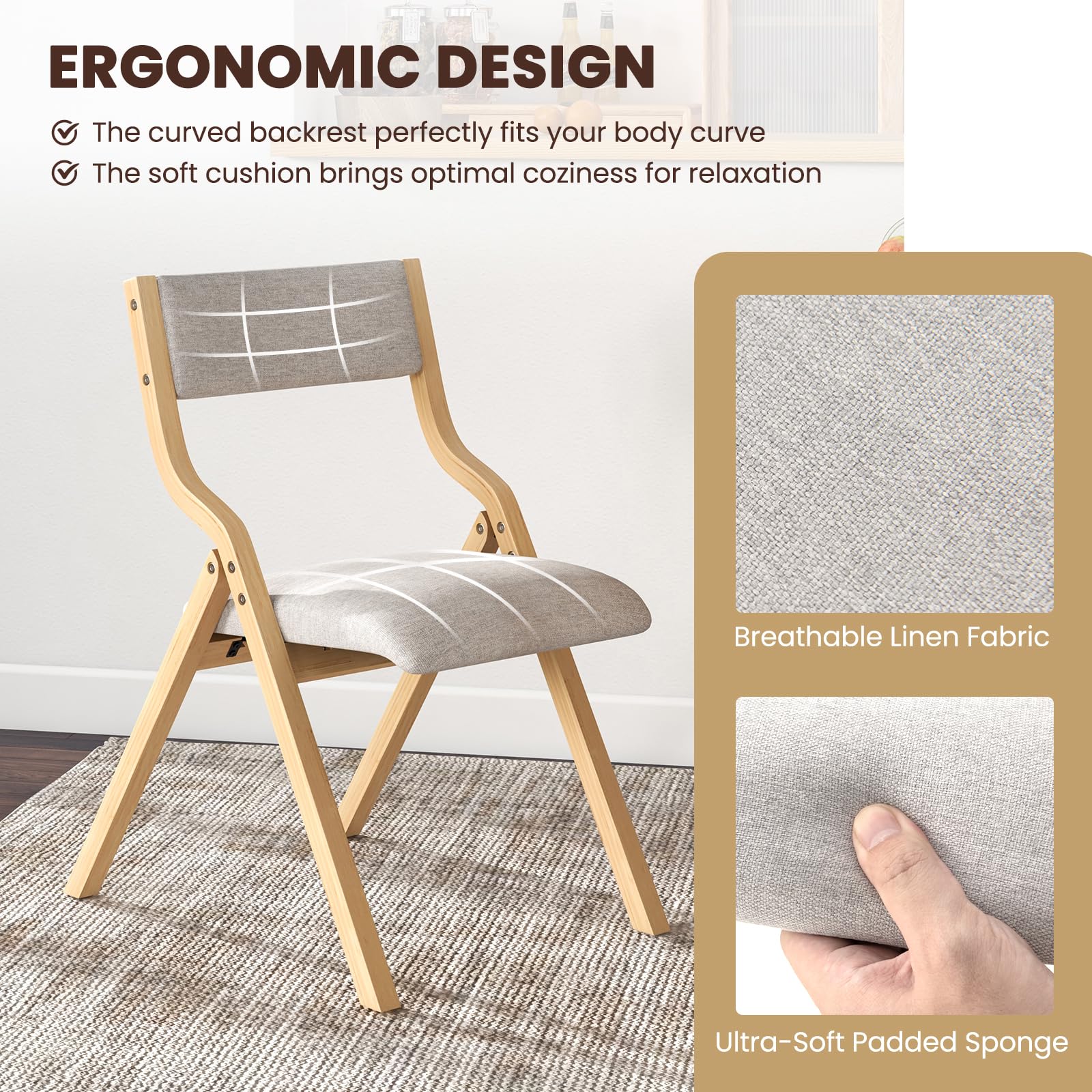 Folding Dining Chairs Set of 2/4, Foldable Chairs with Padded Seat and Solid Wood Frame
