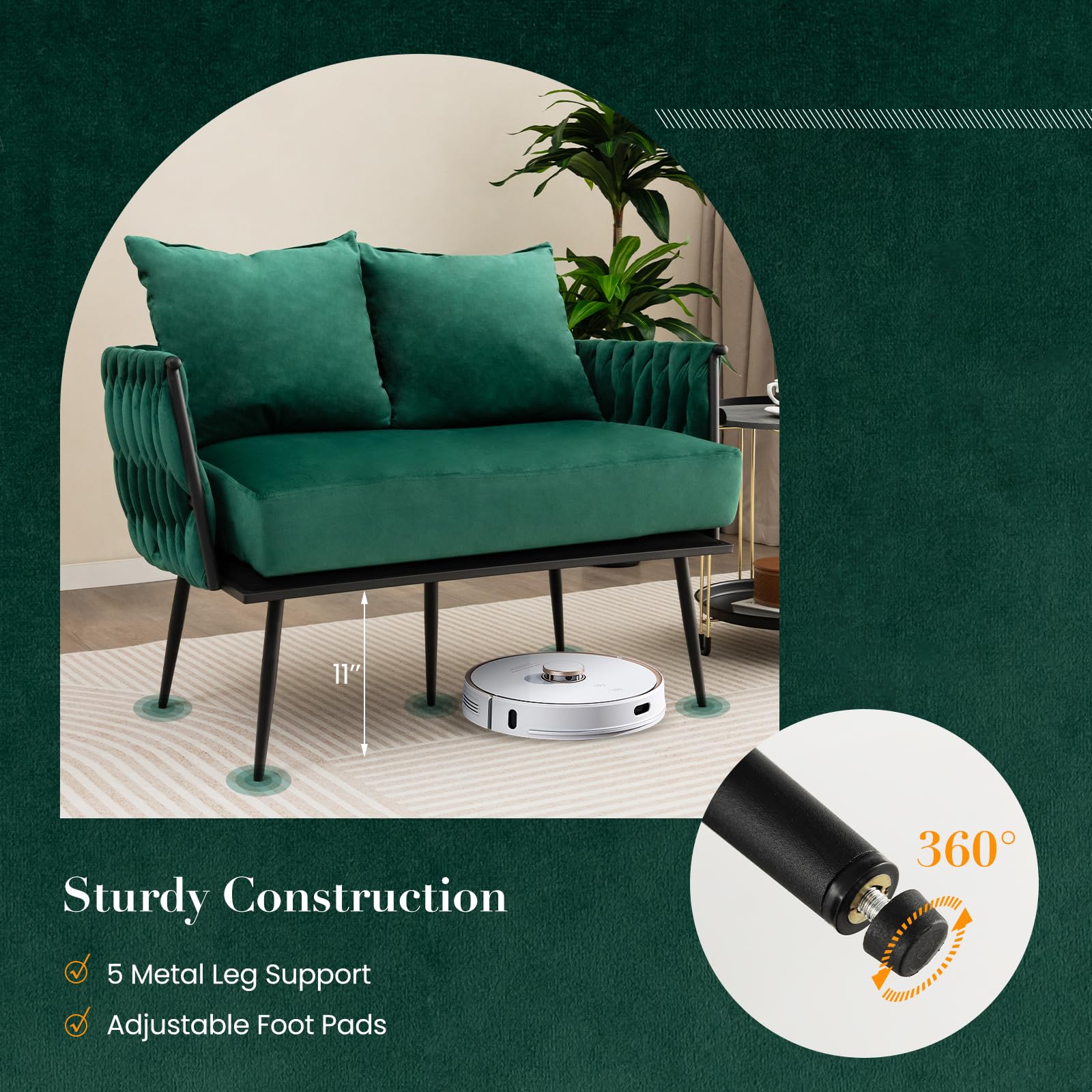 43&rdquo; Loveseat Sofa, Modern Upholstered 2-Seat Sofa with 2 Back Pillows, Woven Backrest & Armrest