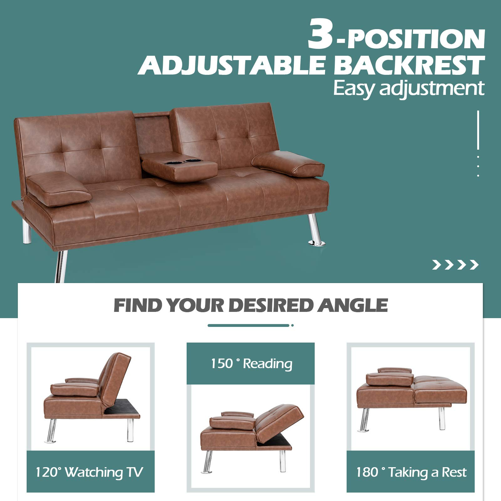 Leather Convertible Futon Sofa Bed with Removable Armrests and 2 Cup Holders
