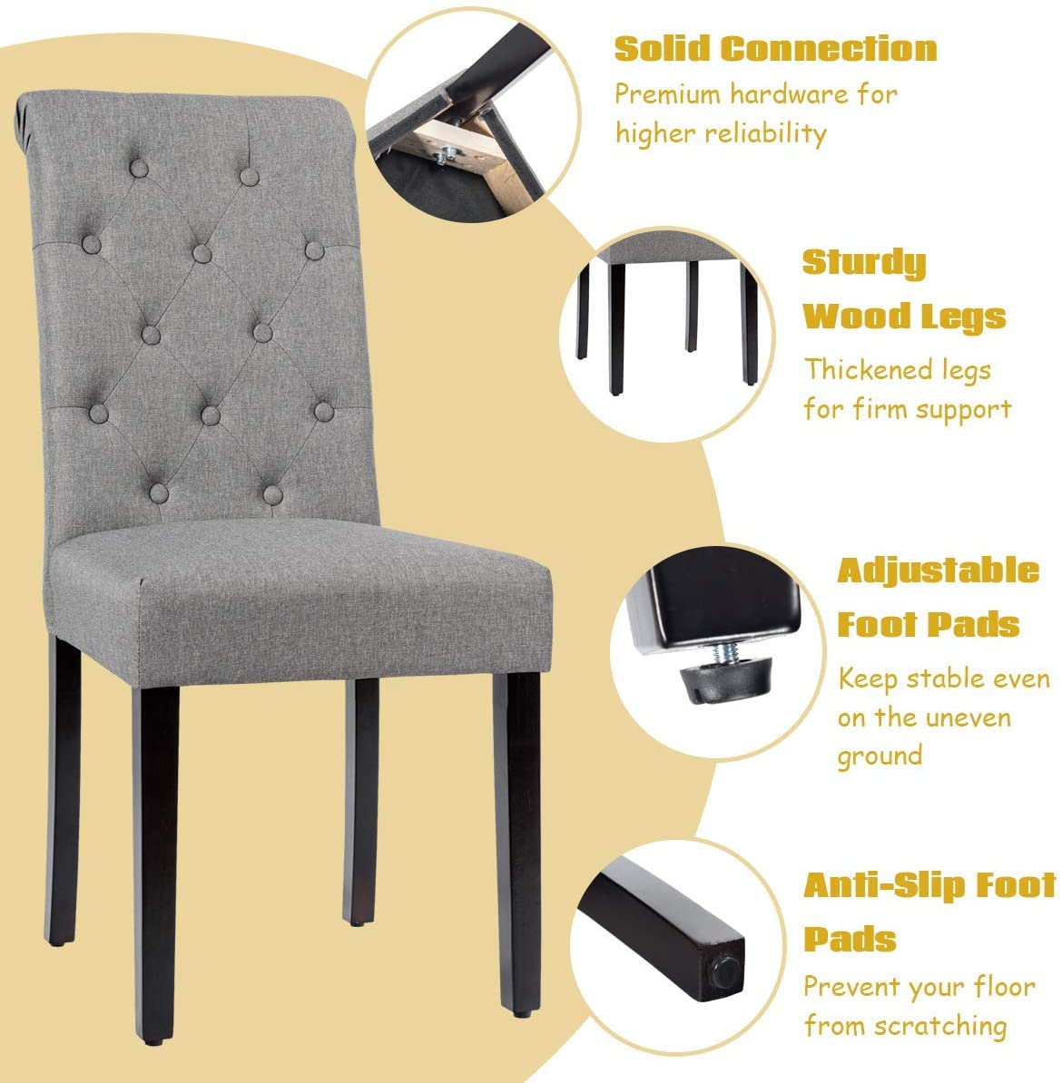 Upholstered Accent Dining Chairs Set of 2/4 with Adjustable Anti-Slip Foot Pads, High Back, Sturdy Wood Legs