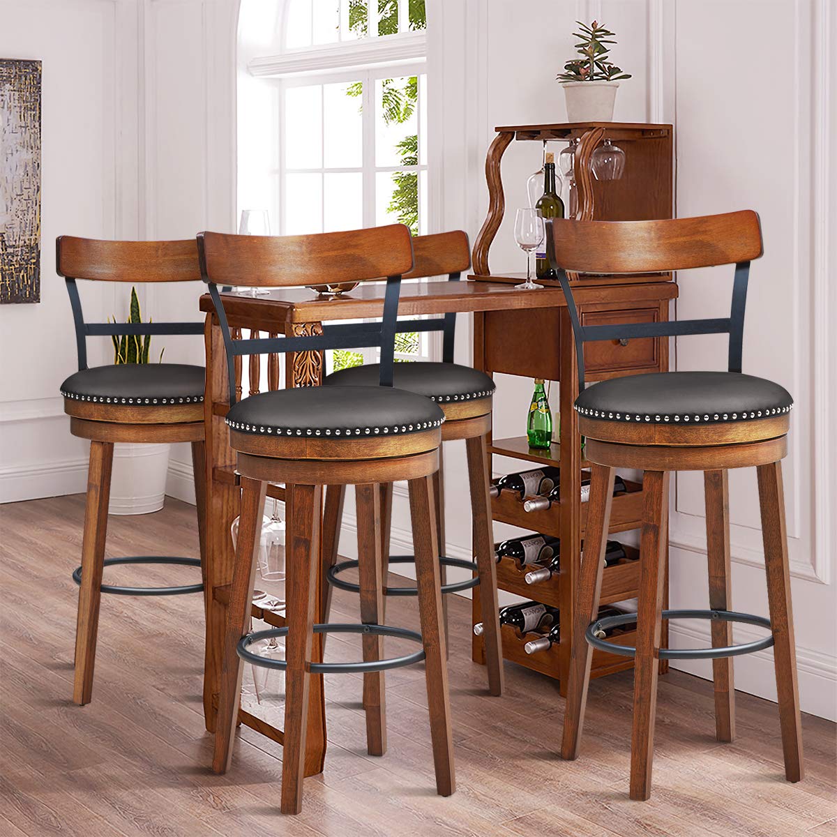 Bar Stools Set of 1/2/4, 360-Degree Swivel Stools with Leather Padded Seat, Single Slat Ladder Back & Solid Rubber Wood Legs