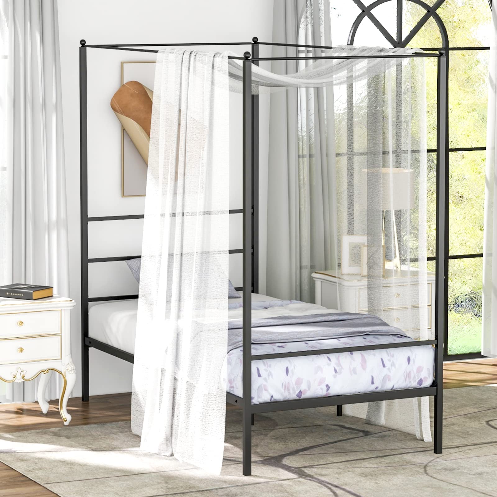 Metal Canopy Bunk Bed, Modern 4 Poster Canopied Platform Bed with Headboard