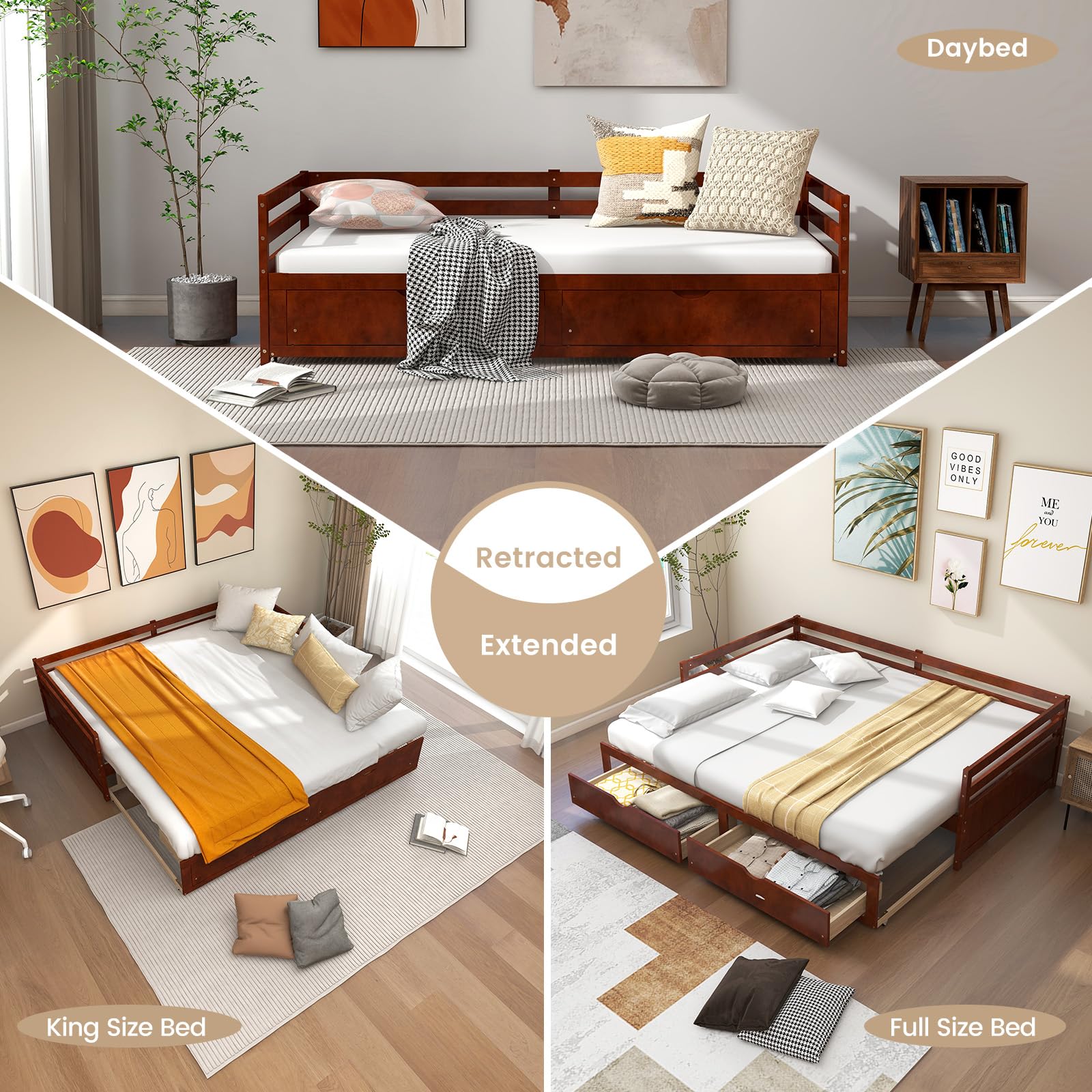 Wood Daybed with Trundle, Extendable Twin to King Daybed Frame with 2 Storage Drawers