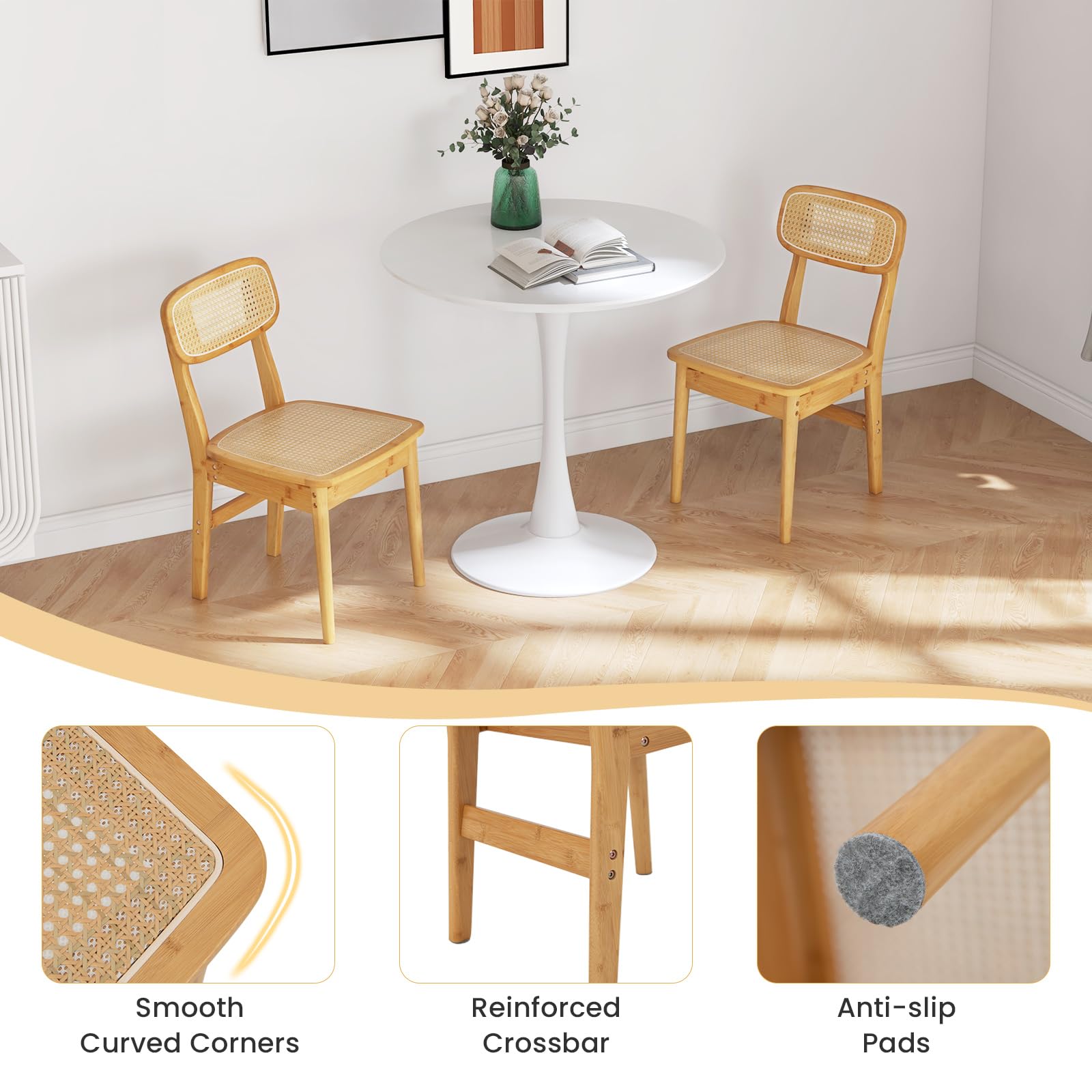 Rattan Dining Chairs Set of 2/4, Bamboo Armless Dining Room Chairs