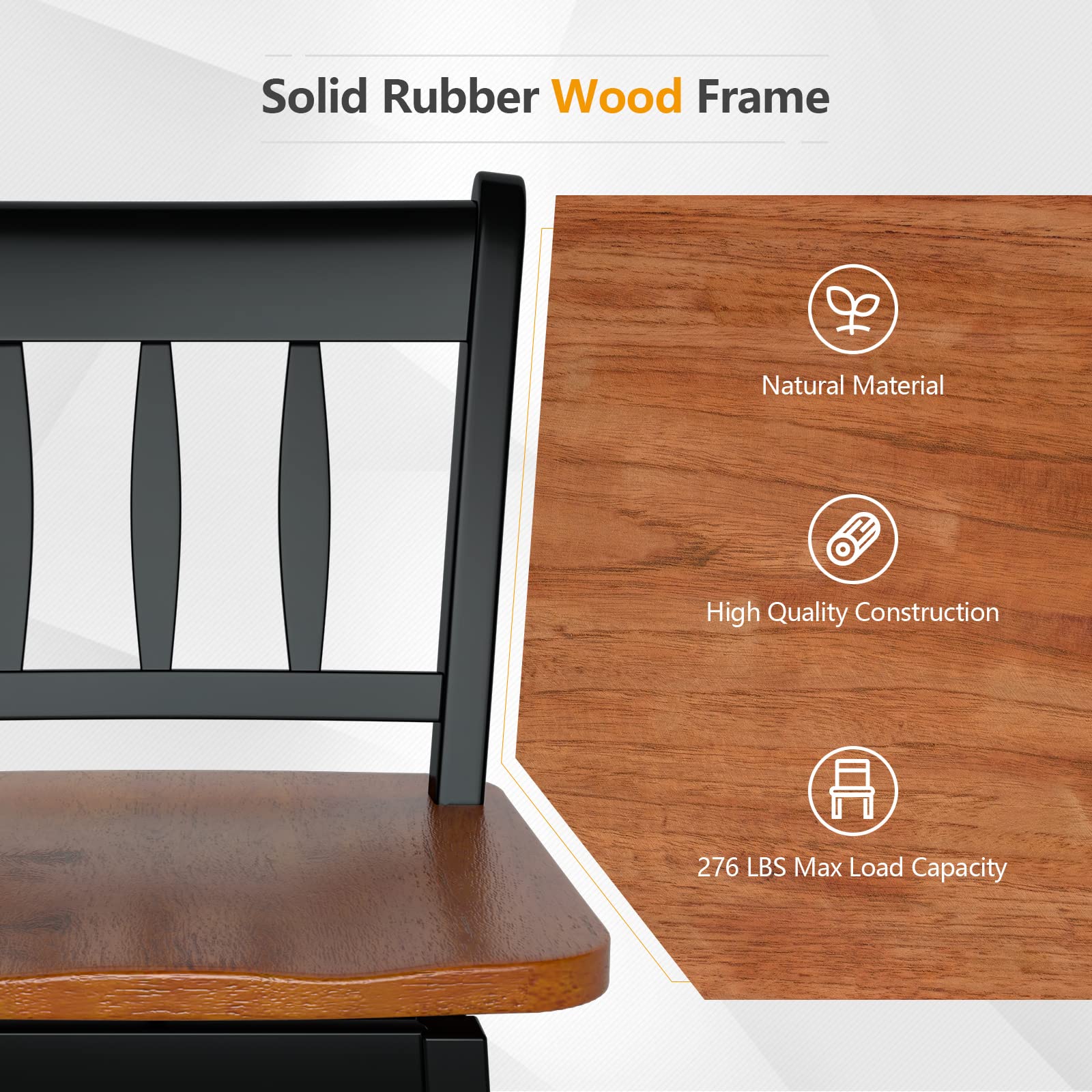 24.5 Inch Solid Rubber Wood Bar Stools Set of 2/4 with 360 &deg;Swiveling, Footrest