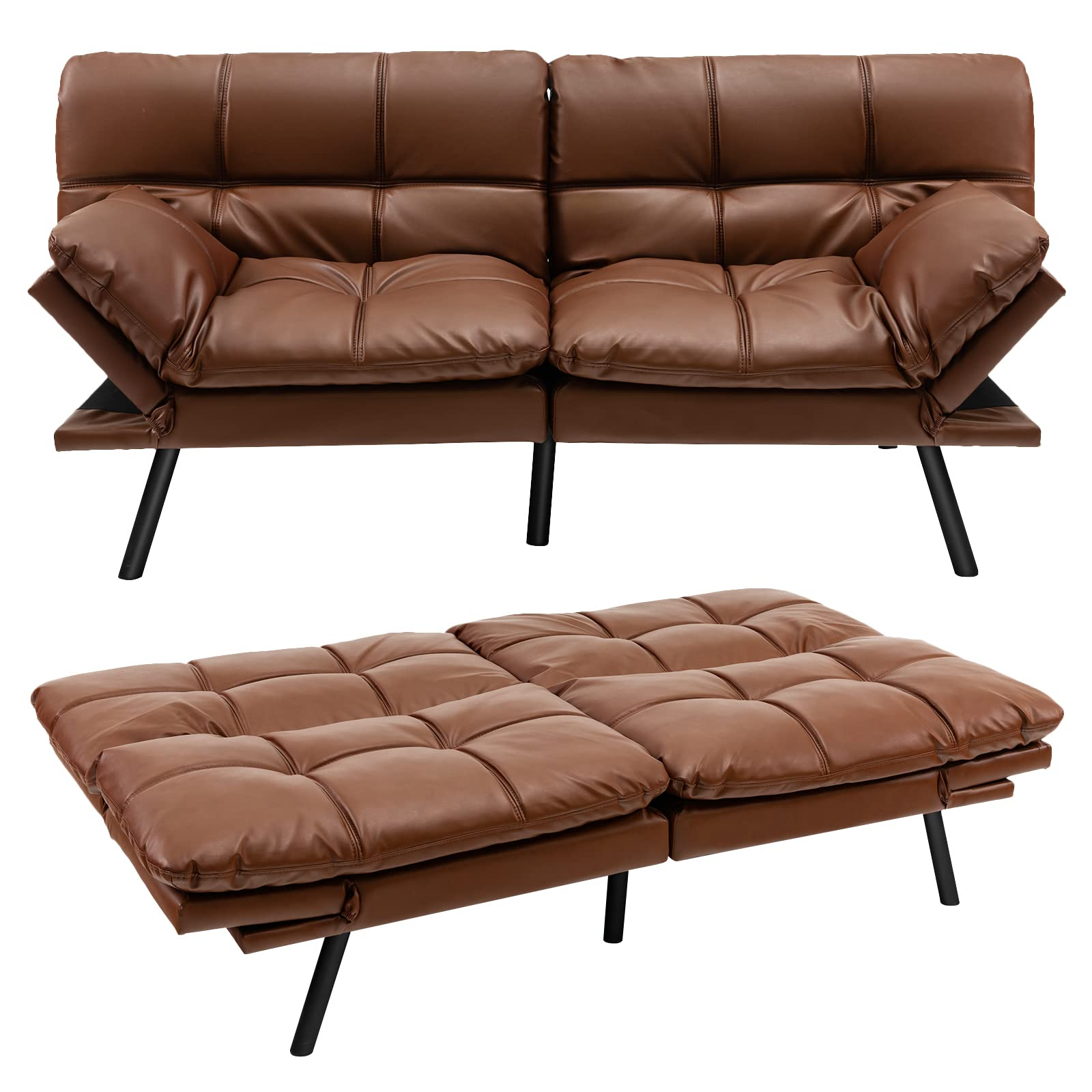 Futon Sofa Bed, Faux Leather Memory Foam Convertible Futon Couch with Adjustable Backrest & Armrests