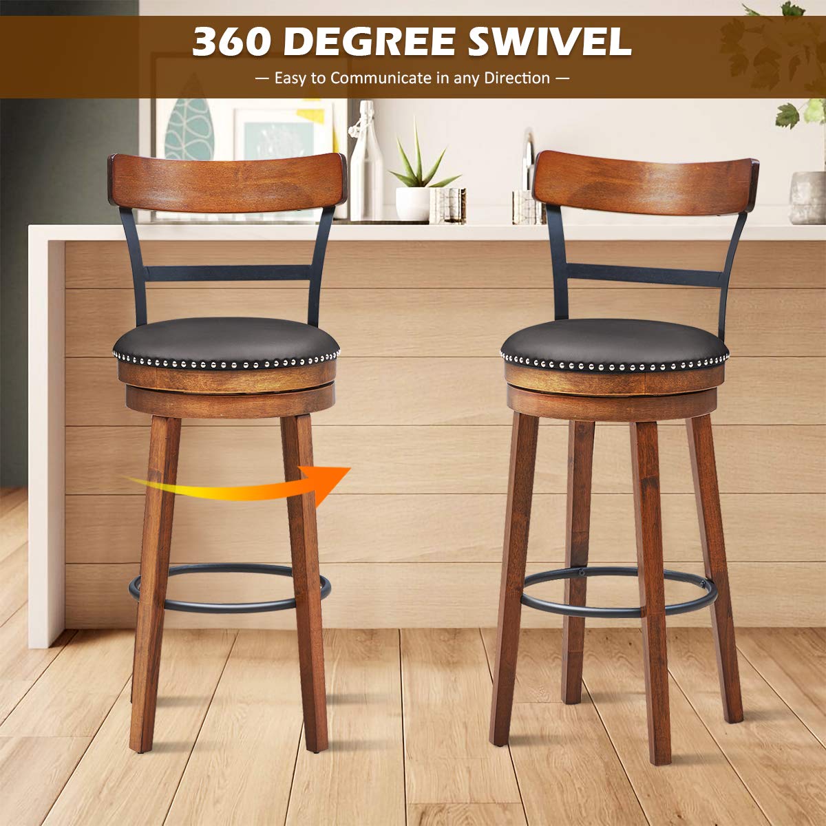 Bar Stools Set of 1/2/4, 360-Degree Swivel Stools with Leather Padded Seat, Single Slat Ladder Back & Solid Rubber Wood Legs