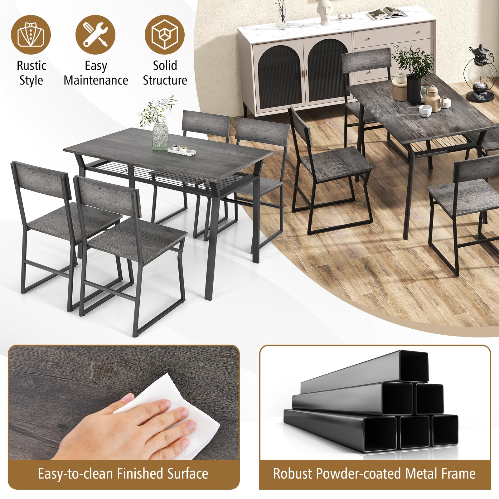 Dining Table Set for 4, 47&rdquo;L x 28&rdquo;W Rectangular Kitchen Table w/ 4 Trapezoid Chairs, Reinforced Metal Frame & Storage Rack