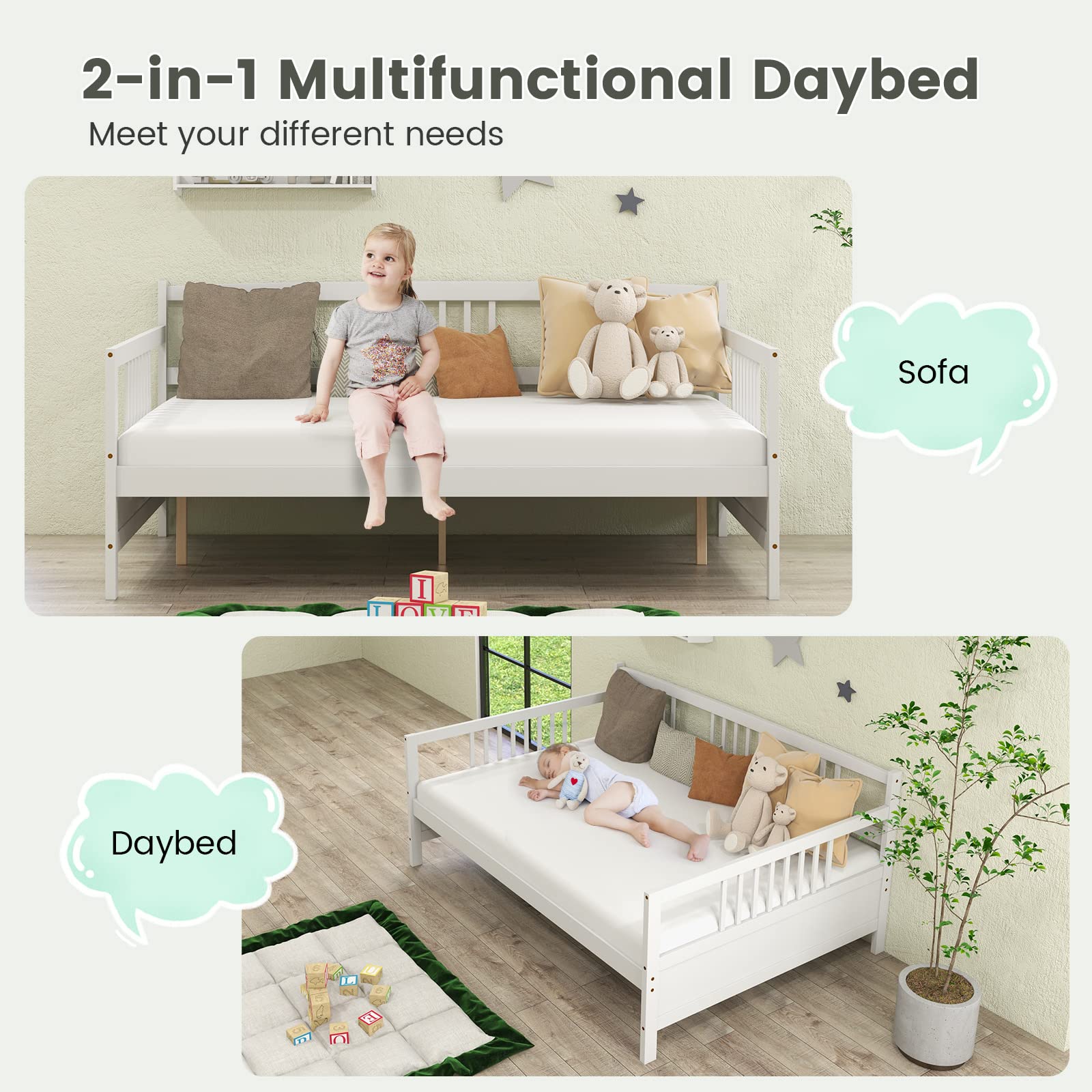 Full Size Wood Daybed with Wooden Slats Support