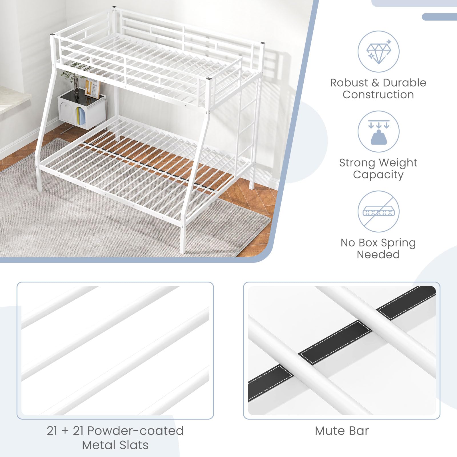 Metal Twin Over Full Bunk Bed, Heavy Duty Bed Frame with Integrated Ladder, Full-Length Guardrails for Teens & Adults