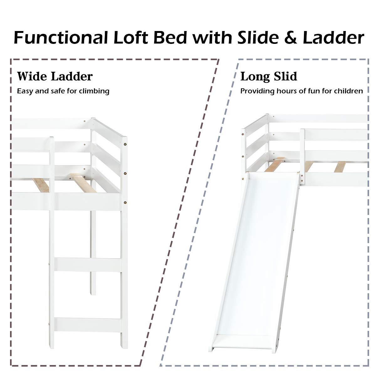 Twin Size Wood Low Loft Bed with Slide, Ladder & Guard Rail
