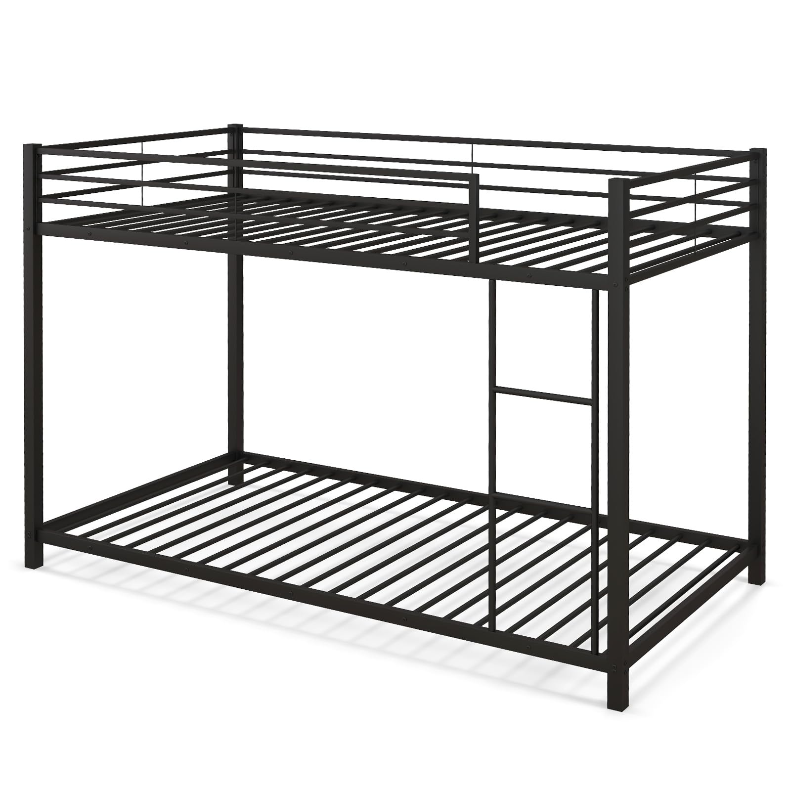 Twin Over Twin Metal Low Profile Bunk Bed with Safety Guard Rails & Side Ladder