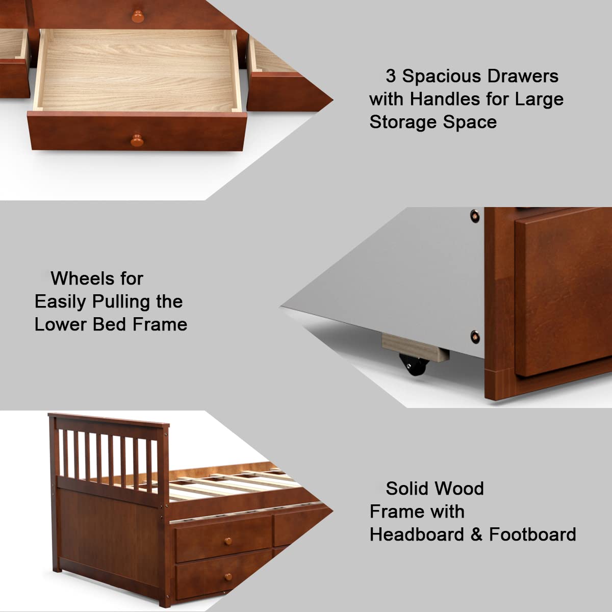 Twin Size Wooden Captain Daybed with Trundle and 3 Storage Drawers