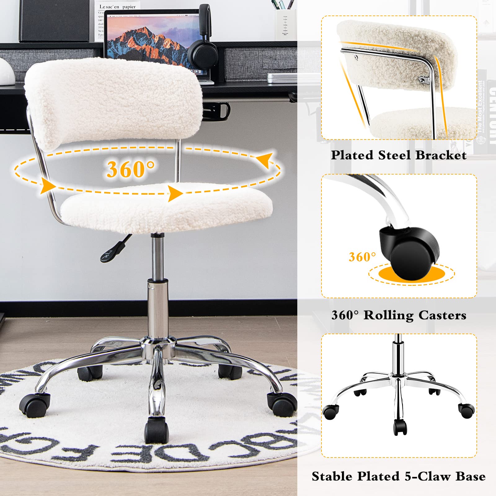 360&deg; Faux Fur Swivel Leisure Chair, Rolling Home Office Chair w/ Wheels & Adjustable Height,